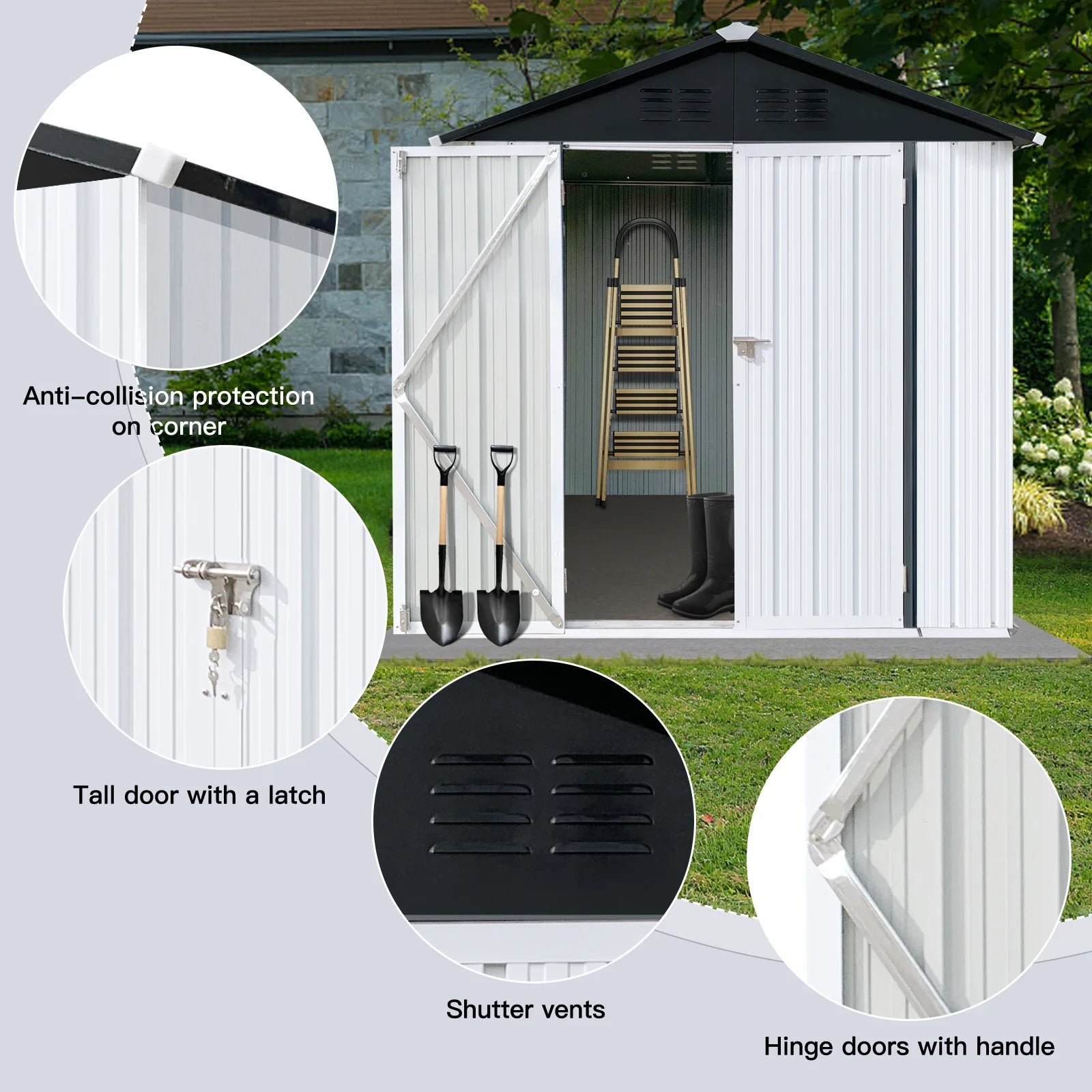 Outdoor Storage Sheds 4X6FT Apex Roof in Black Roof+White Walls With Floor Foundation