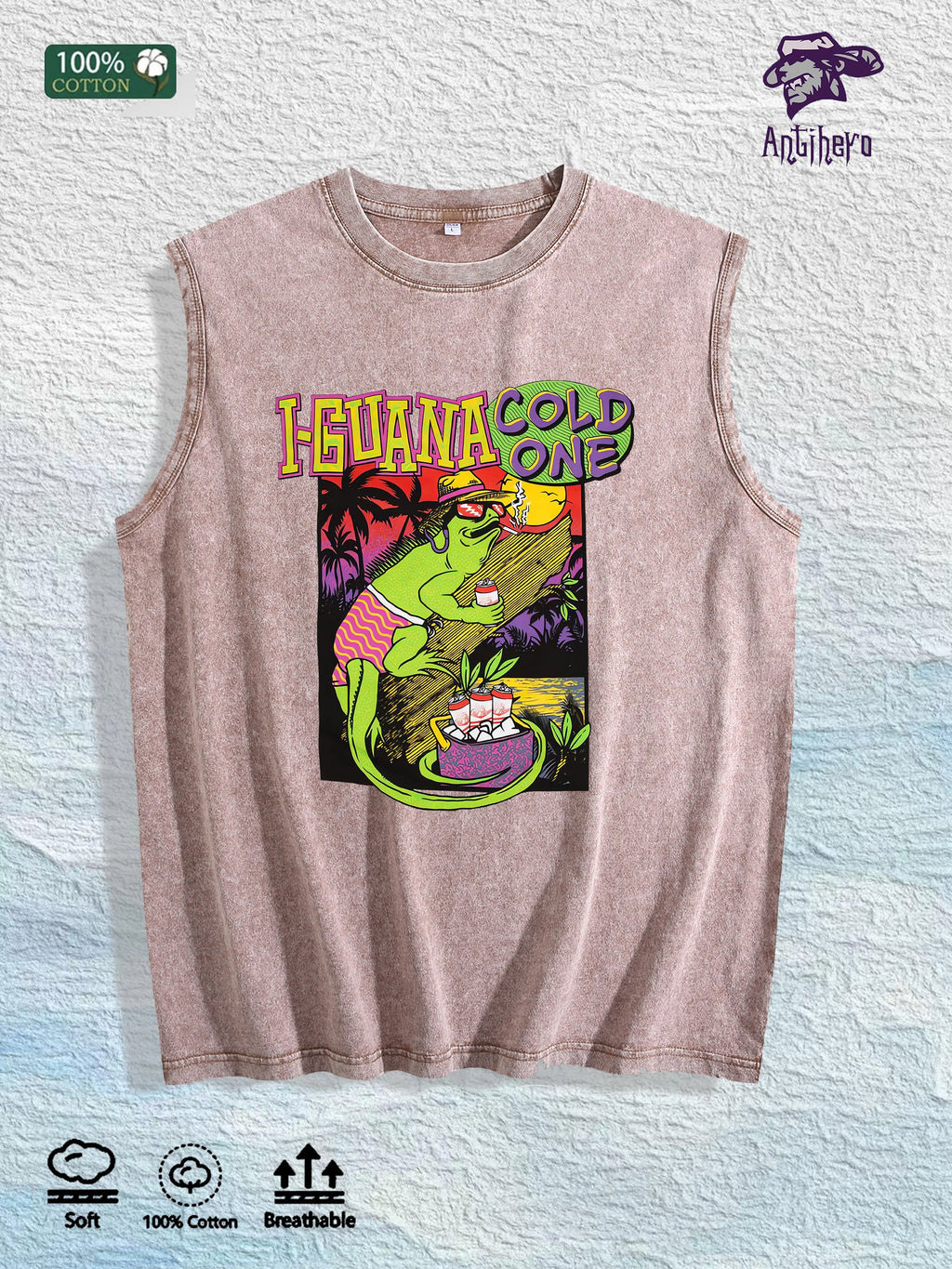 I - GUANA COLD ONE Graphic Washed Vest US Warehouse 3 Colors Cotton Tank