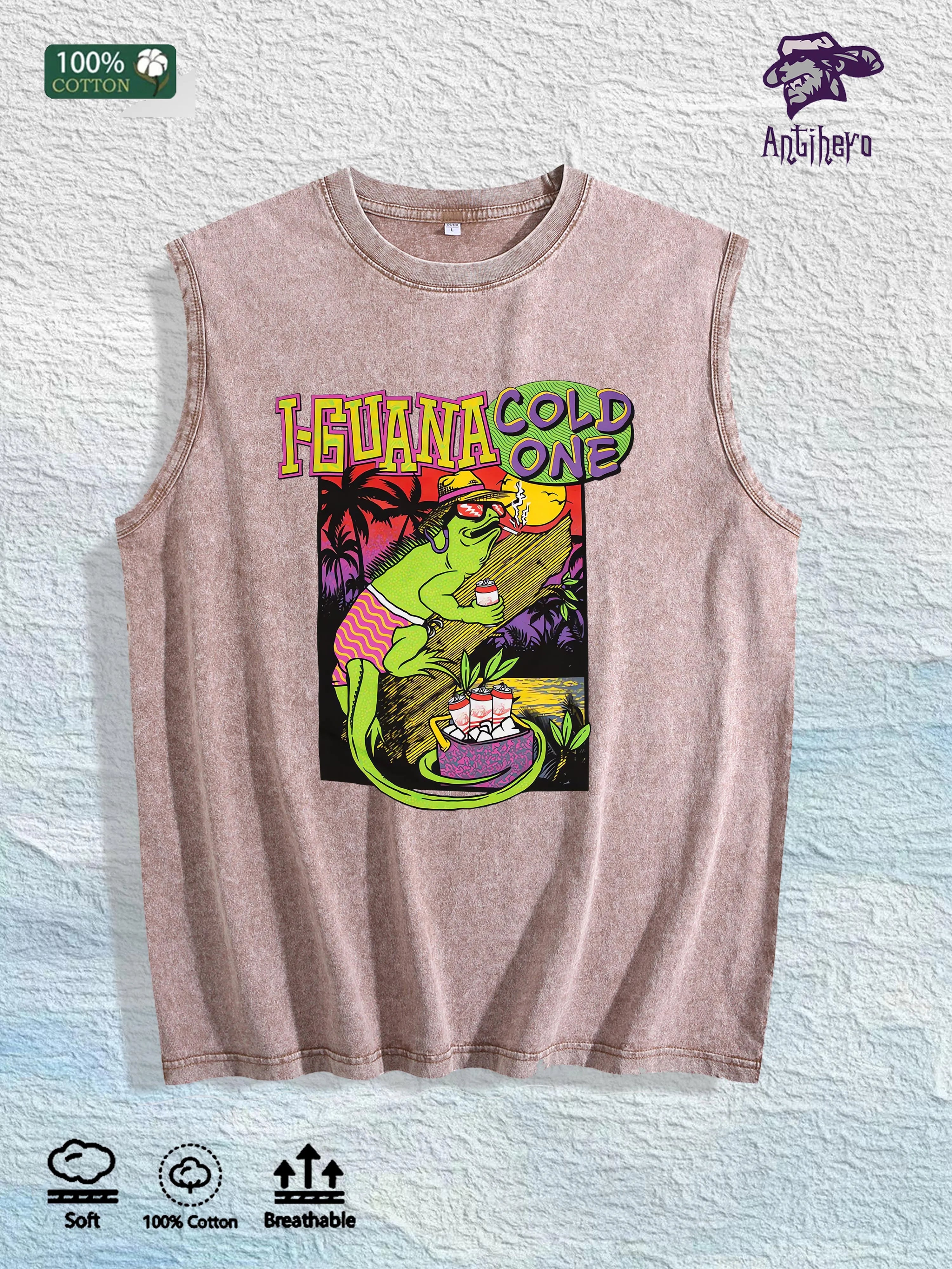I - GUANA COLD ONE Graphic Washed Vest US Warehouse 3 Colors Cotton Tank