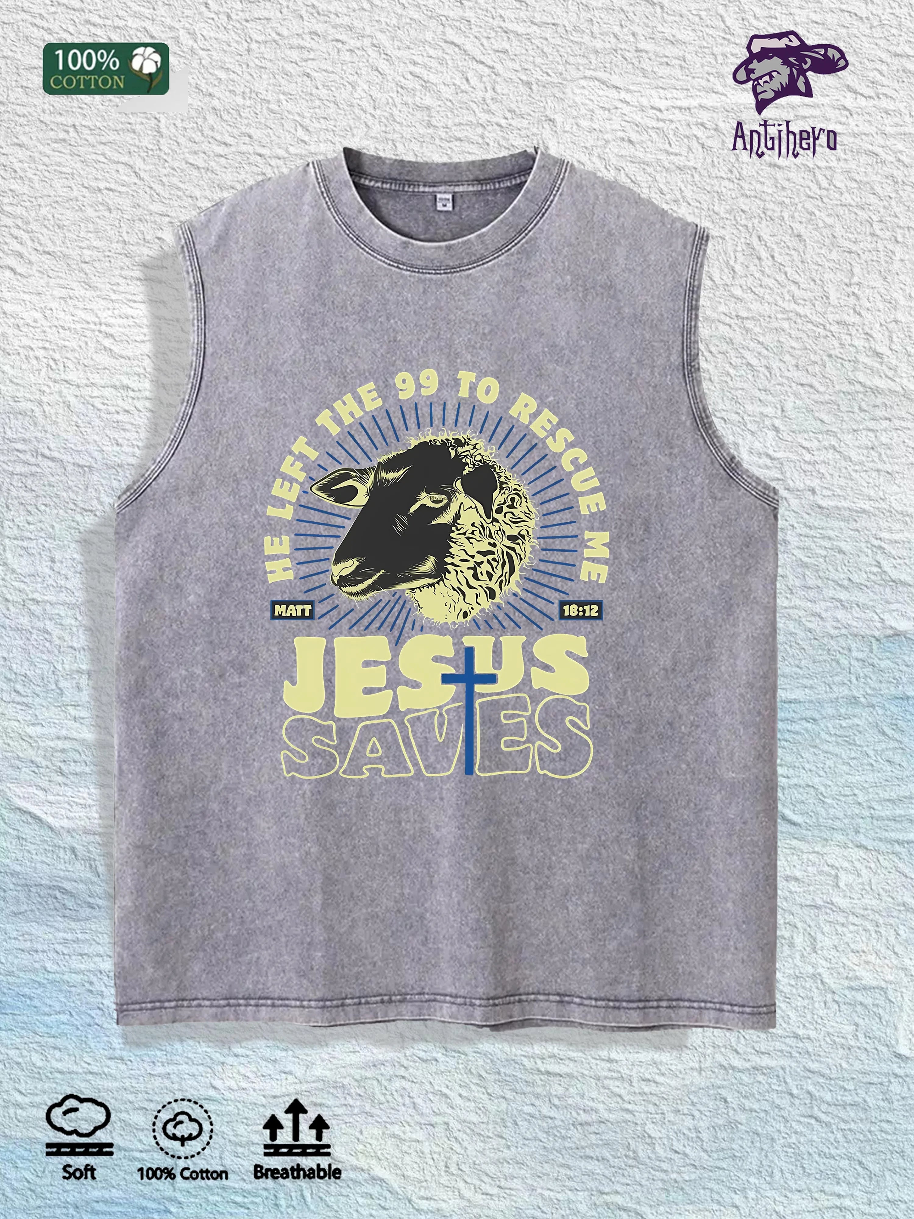 Biblical Jesus Saves" Sheep Graphic Washed Vest US Warehouse 3 Colors Cotton Tank