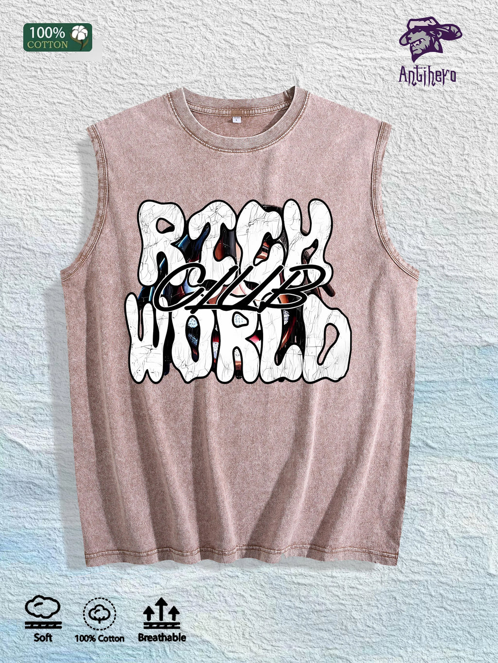 RICH WORLD CLUB Graphic Washed Vest US Warehouse 3 Colors Cotton Tank