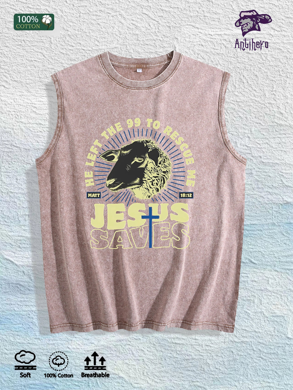Biblical Jesus Saves" Sheep Graphic Washed Vest US Warehouse 3 Colors Cotton Tank