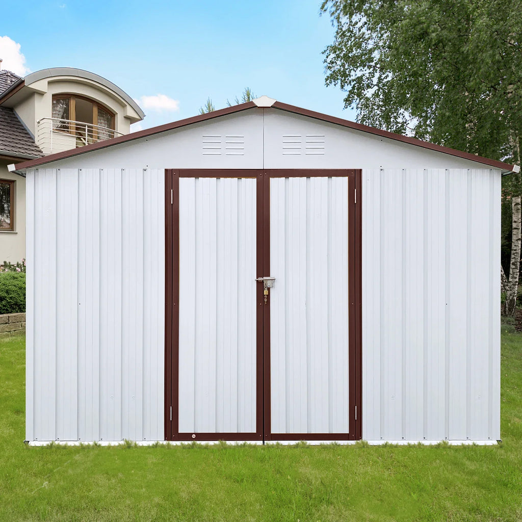 Outdoor Storage Sheds 10X12FT Apex Roof in Brown Roof+White Walls Without Foundation