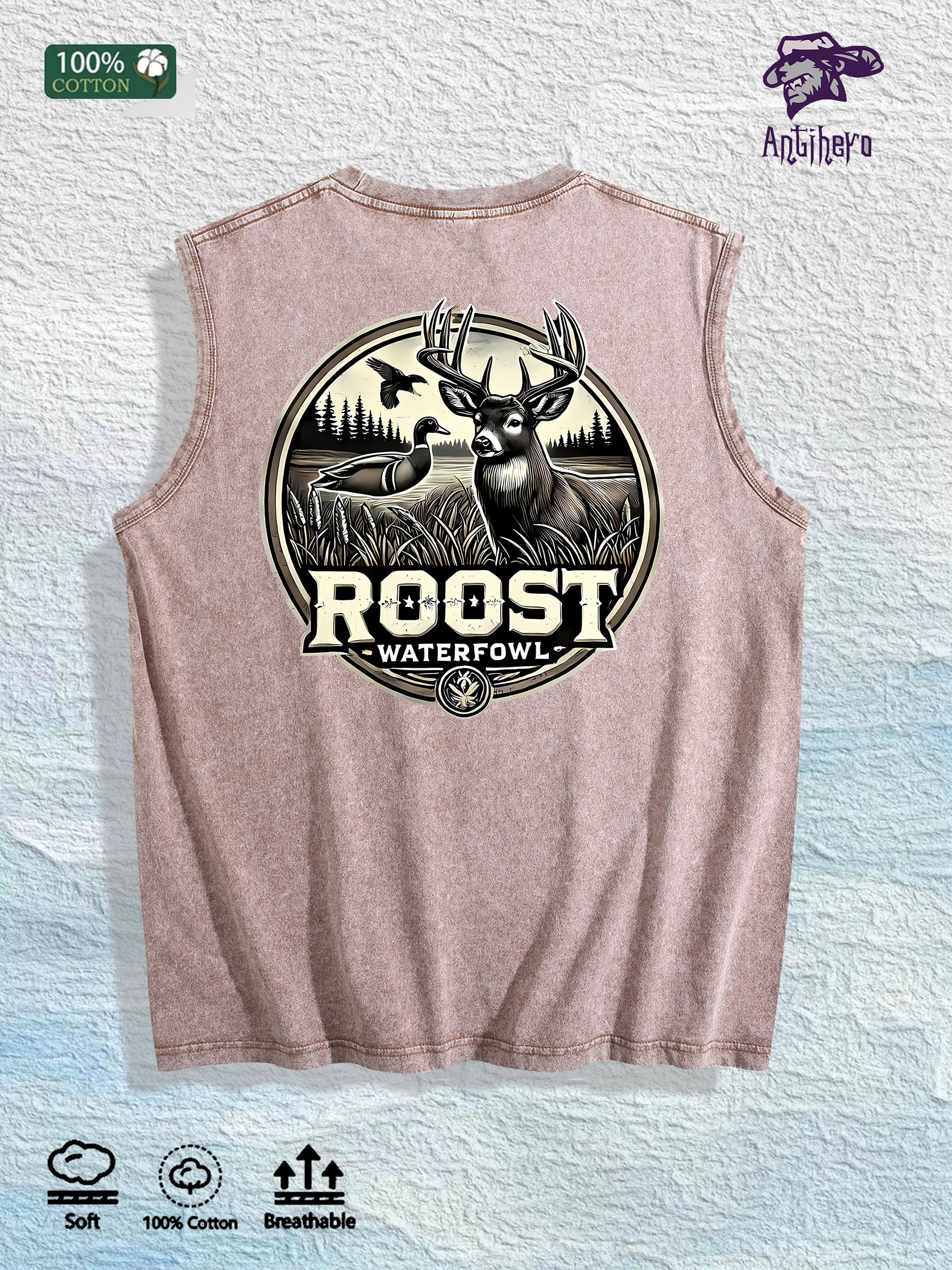 ROOST Waterfowl Deer Graphic Washed Vest US Warehouse 3 Colors Cotton Tank