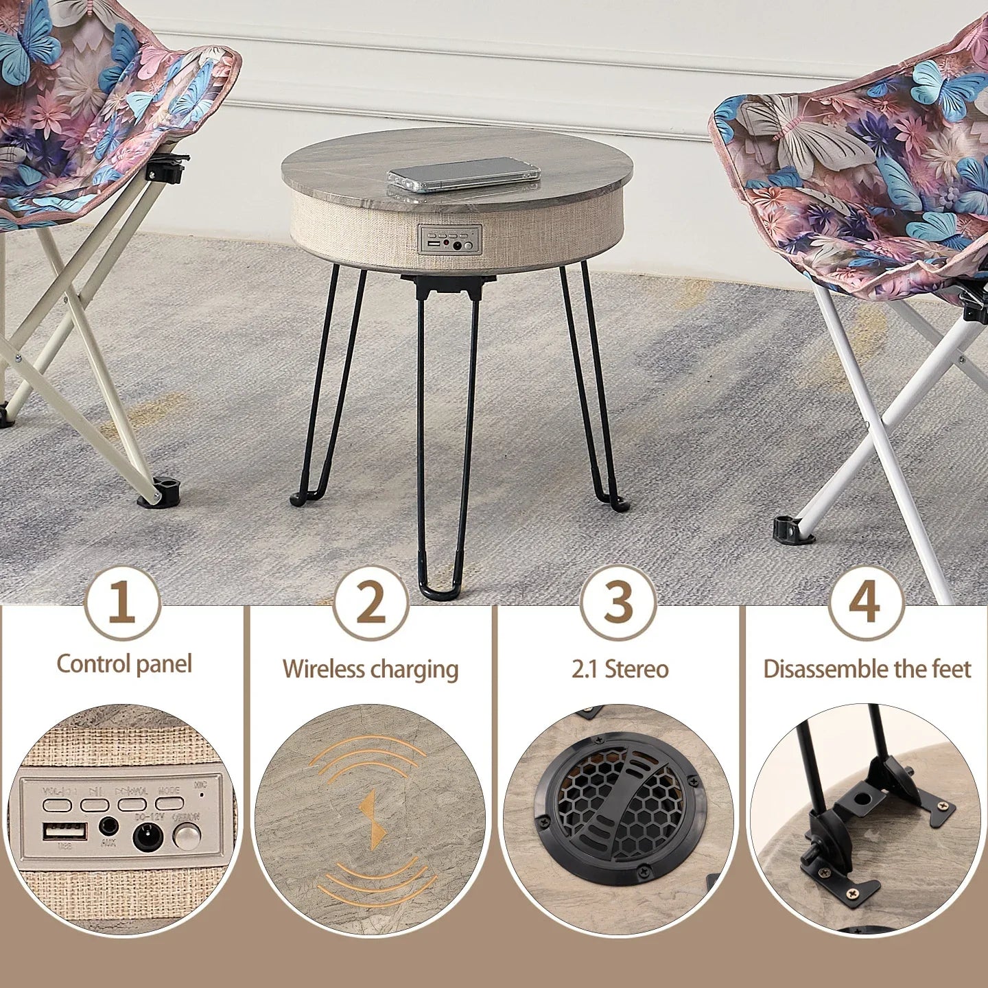 Nordic Style Multifunctional Wooden Coffee Table Modern Outdoor Side Table Wireless Charging Bluetooth Speaker Living Room