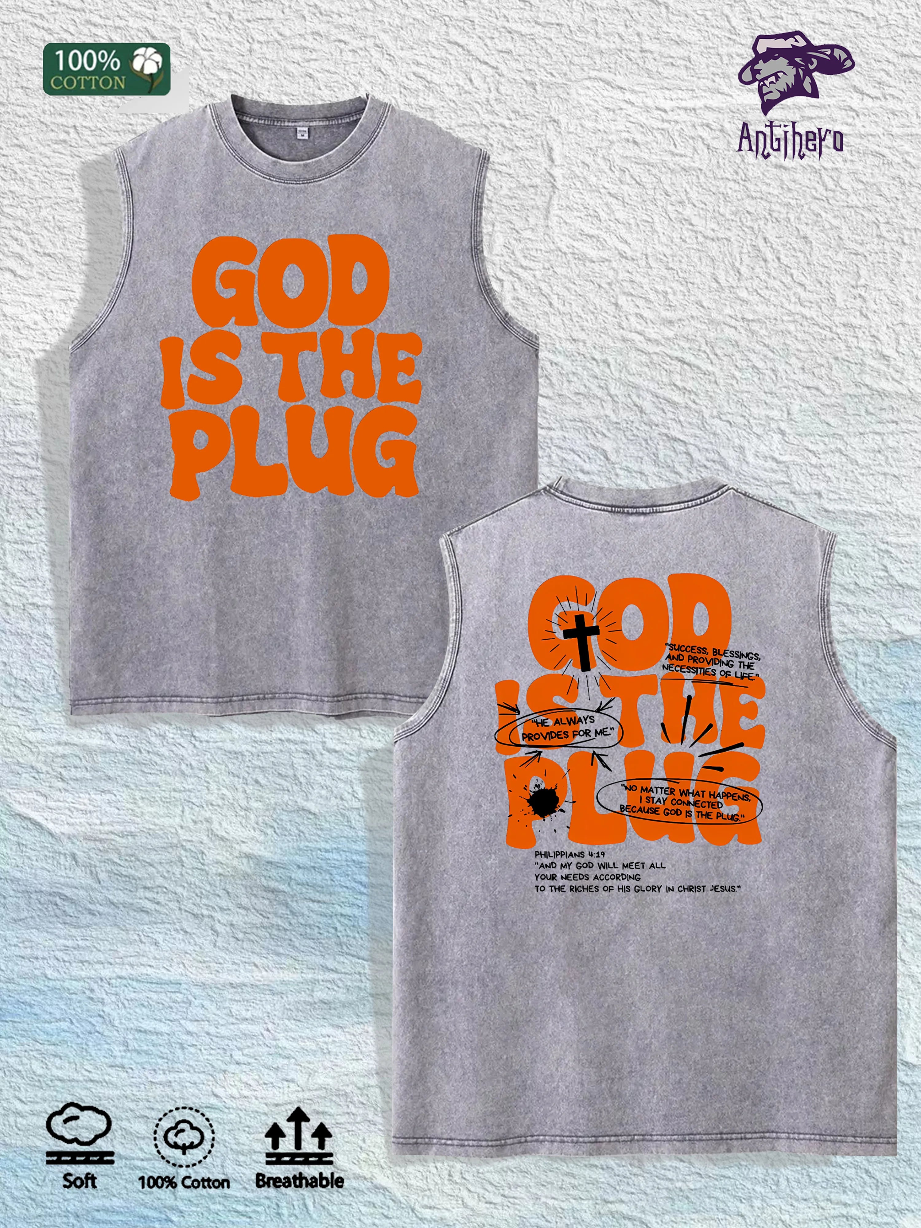 GOD IS the PLUG Graphic Washed Vest US Warehouse 3 Colors Cotton Tank