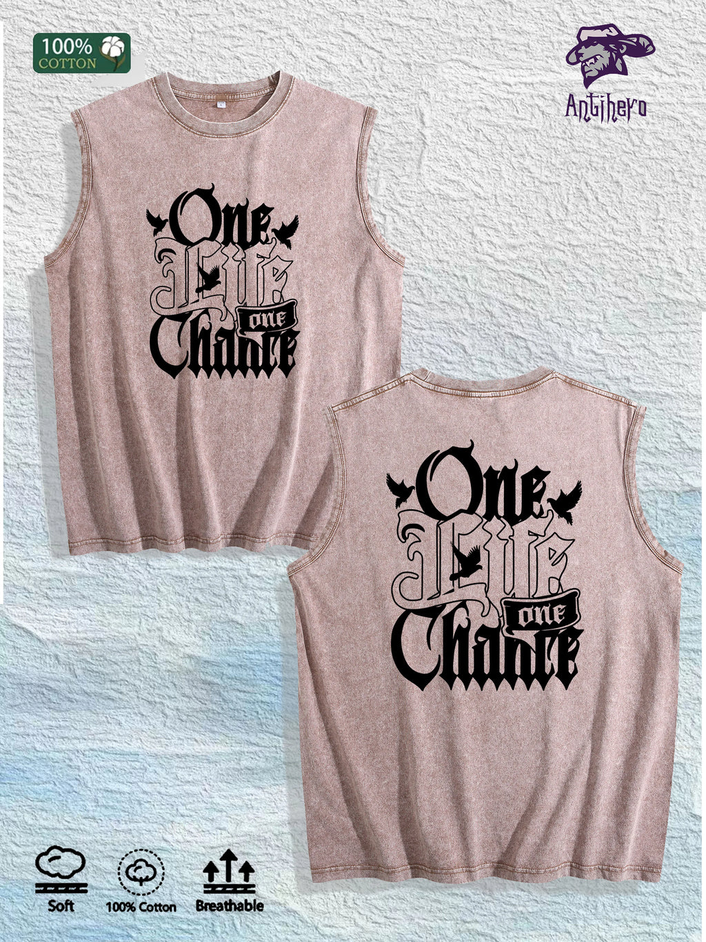 One Life One Chance Graphic Washed Vest US Warehouse 3 Colors Cotton Tank