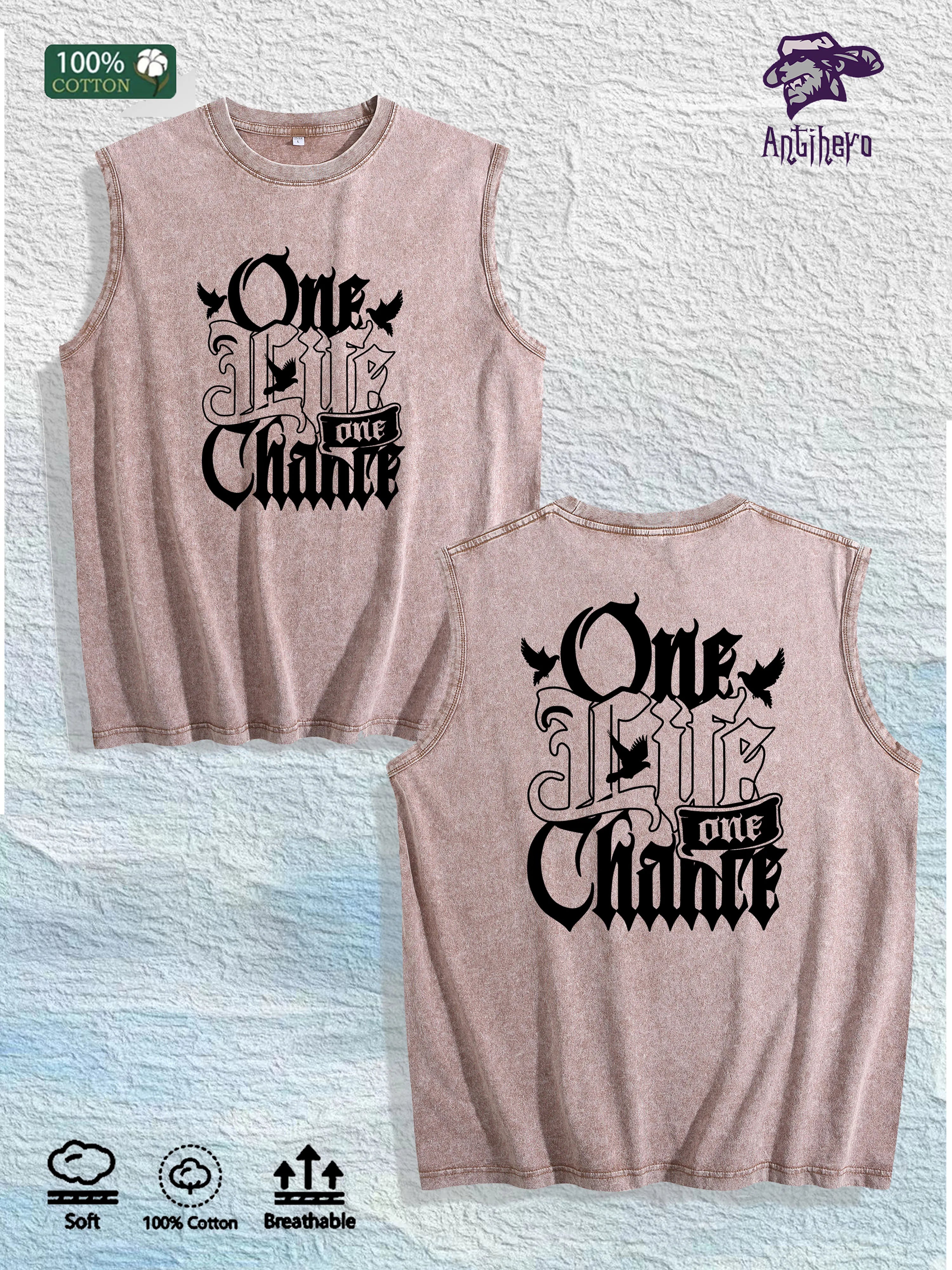 One Life One Chance Graphic Washed Vest US Warehouse 3 Colors Cotton Tank