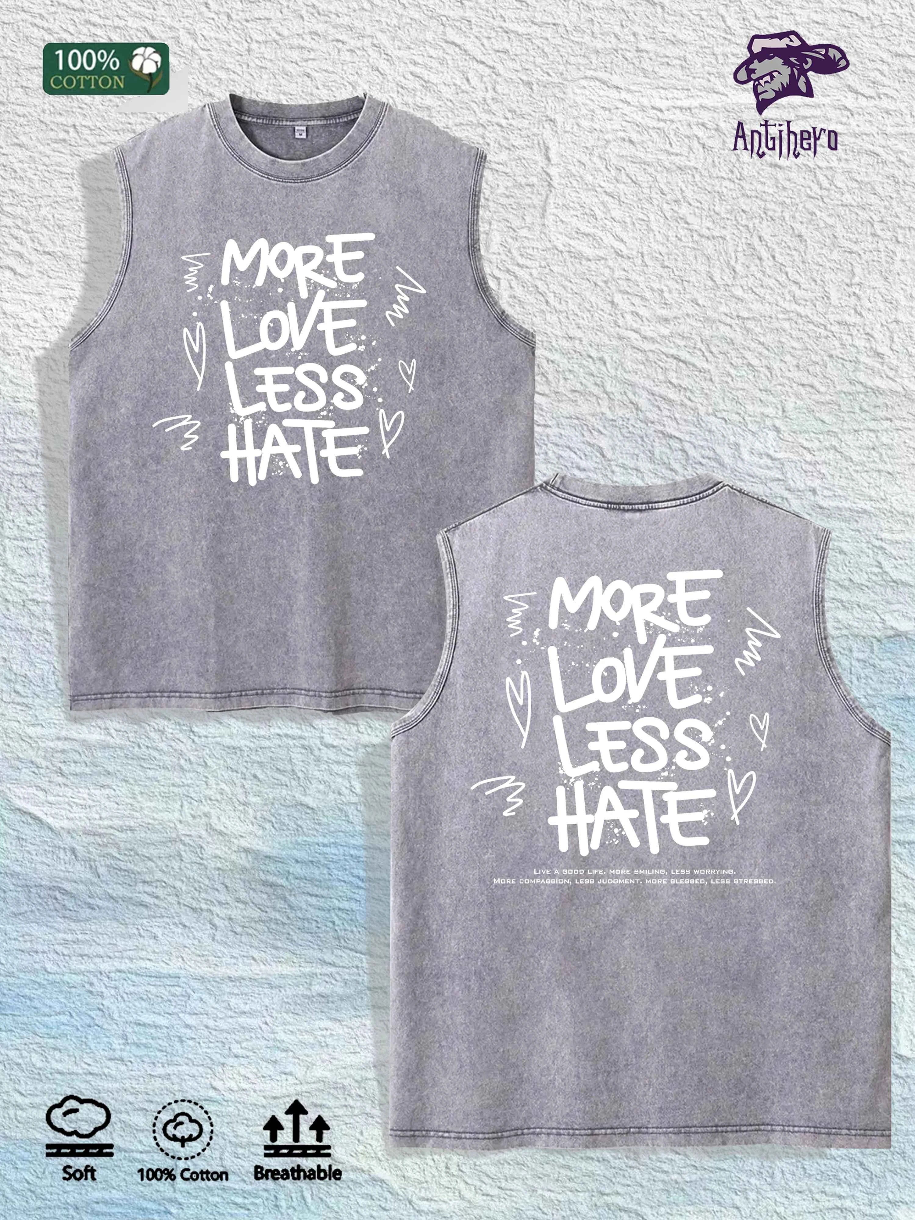 MORE LOVE LESS HATE Graphic Washed Vest US Warehouse 3 Colors Cotton Tank