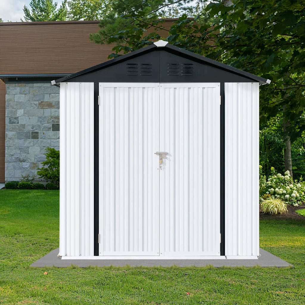 Outdoor Storage Sheds 4X6FT Apex Roof in Black Roof+White Walls With Floor Foundation
