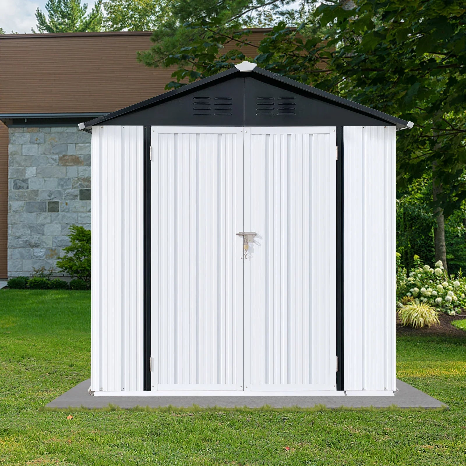 Outdoor Storage Sheds 4X6FT Apex Roof in Black Roof+White Walls With Floor Foundation