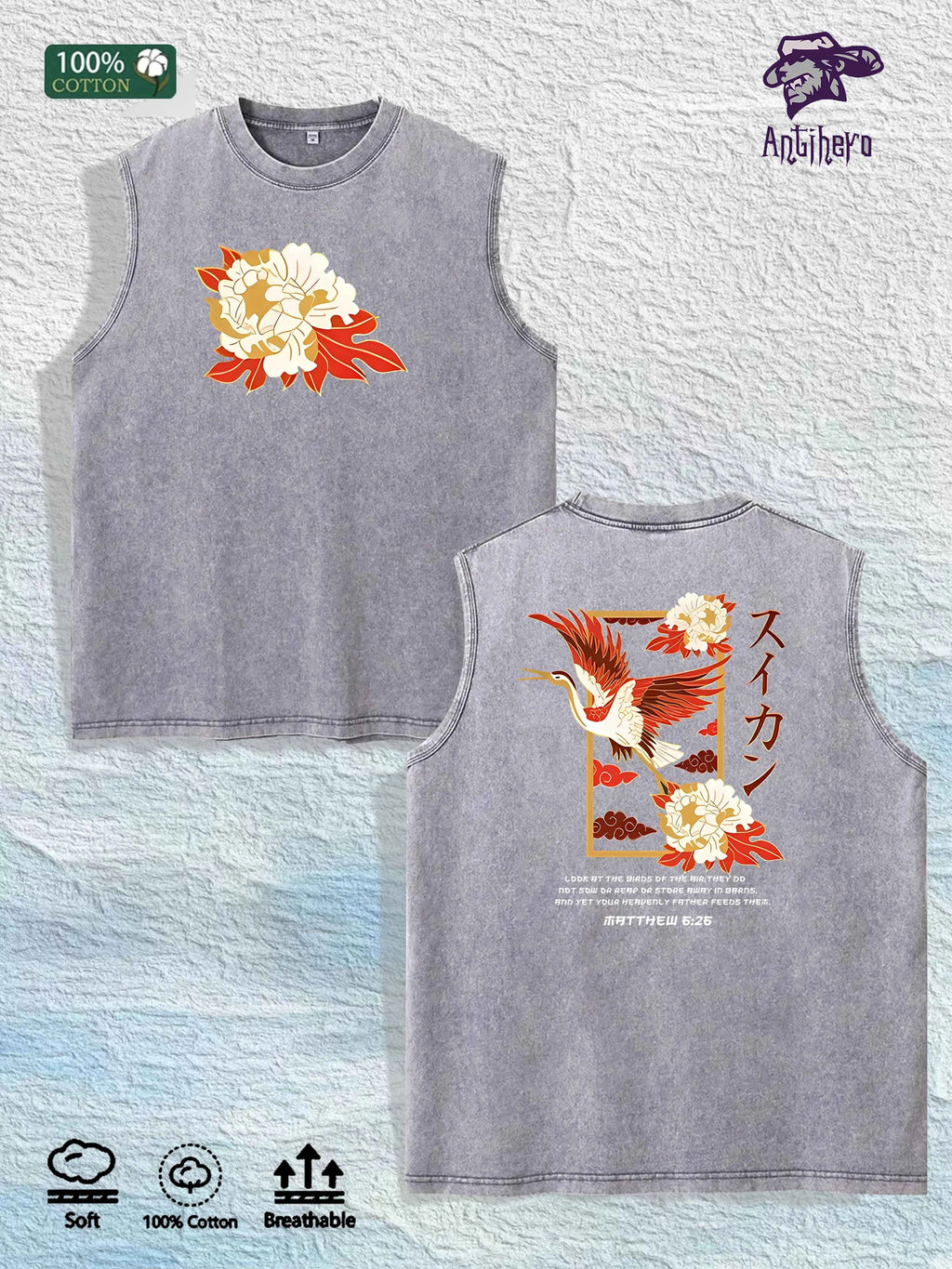 Oriental Peony & Crane Graphic Washed Vest US Warehouse 3 Colors Cotton Tank