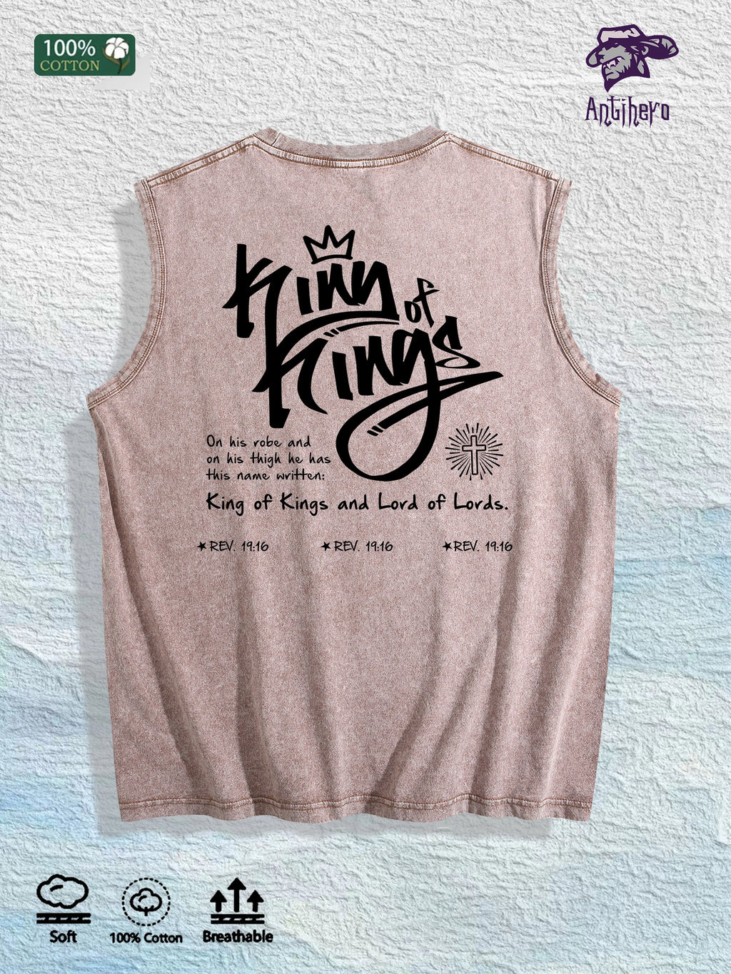 King of Kings Religious Graphic Washed Vest US Warehouse 3 Colors Cotton Tank