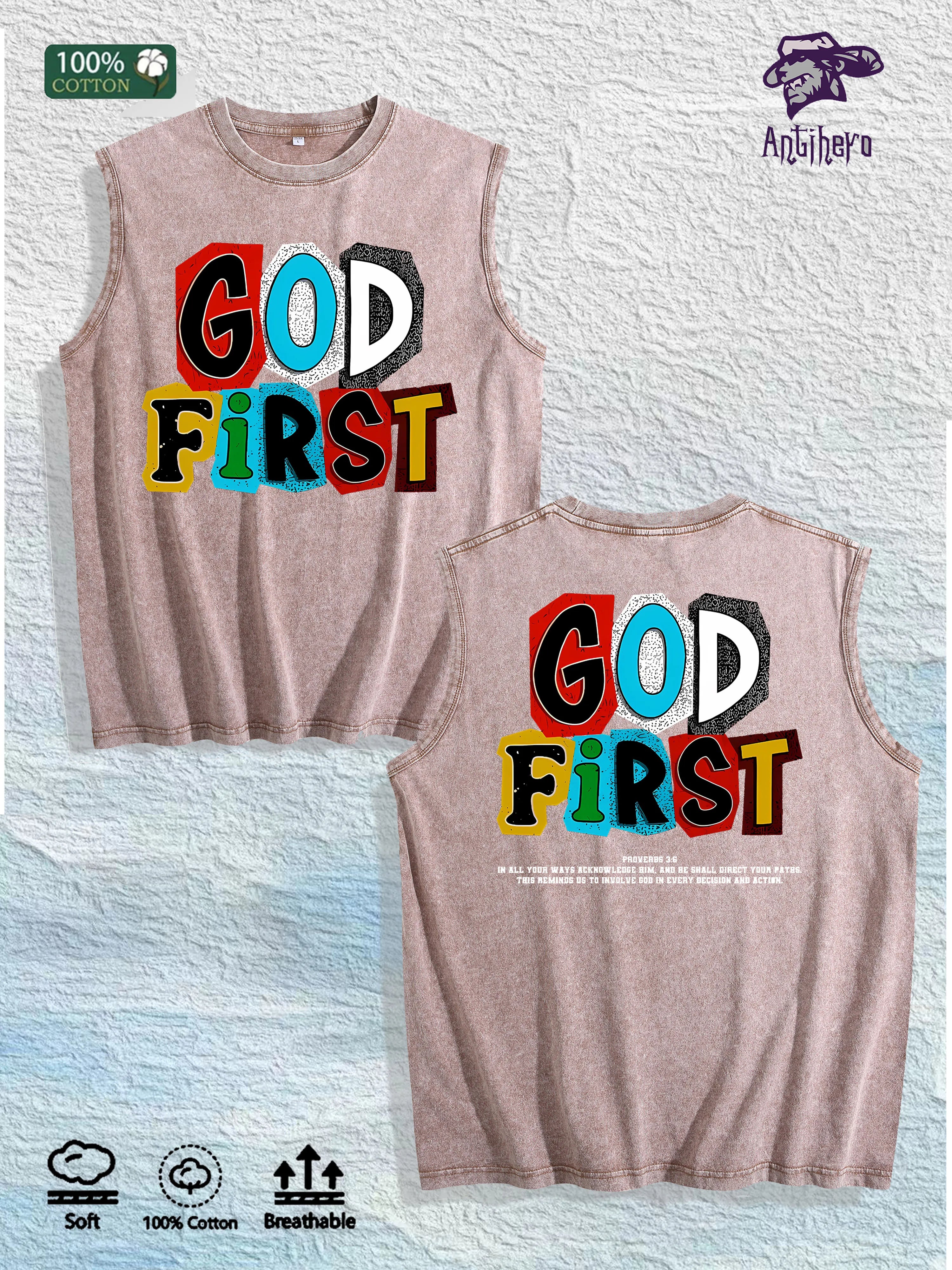 GOD FIRST Graphic Washed Vest US Warehouse 3 Colors Cotton Tank