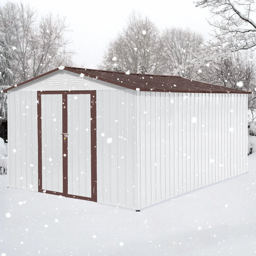 Outdoor Storage Sheds 10X12FT Apex Roof in Brown Roof+White Walls Without Foundation