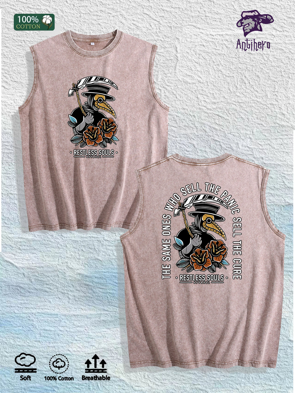 Restless Souls Graphic Washed Vest US Warehouse 3 Colors Cotton Tank