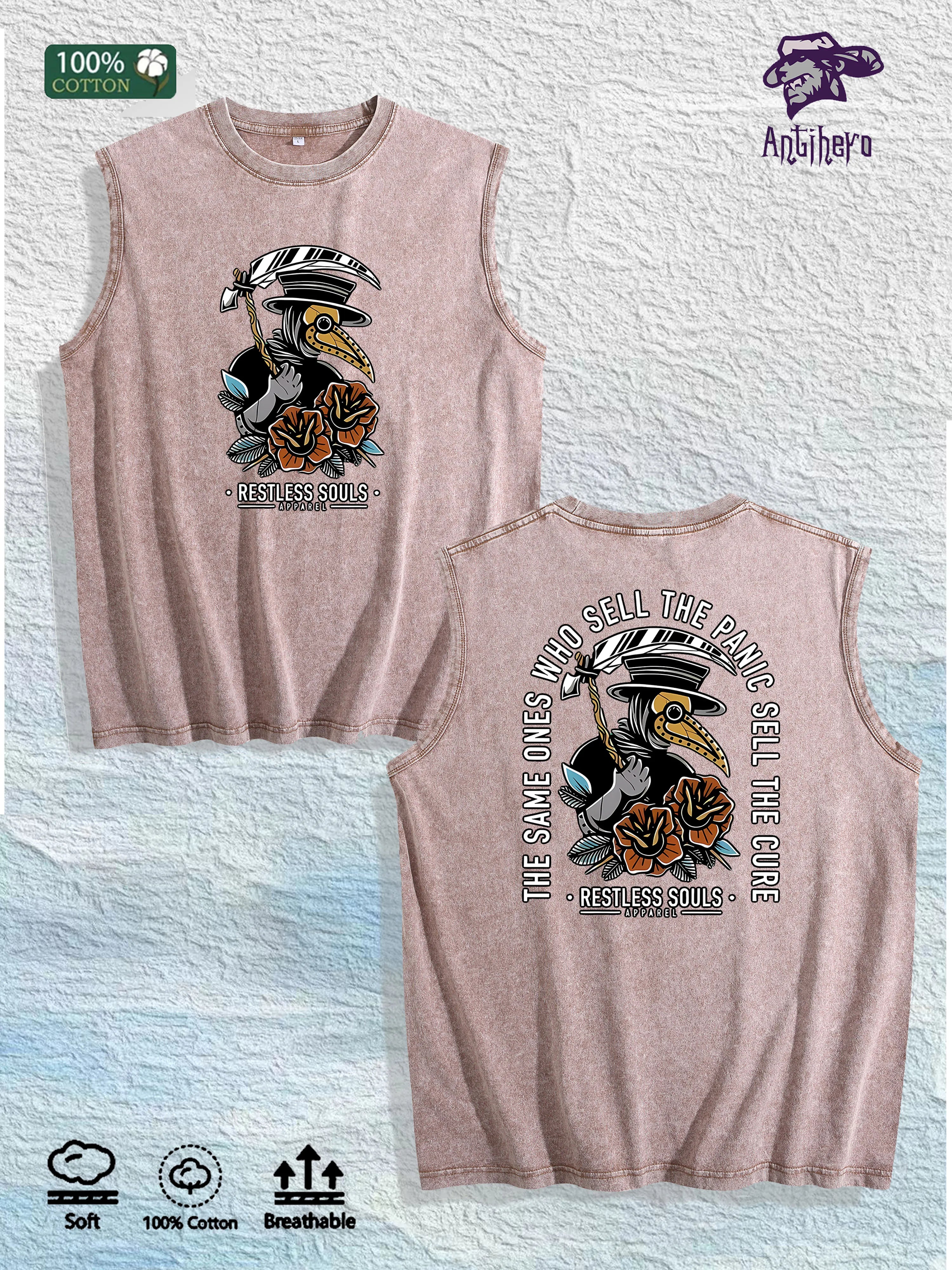 Restless Souls Graphic Washed Vest US Warehouse 3 Colors Cotton Tank