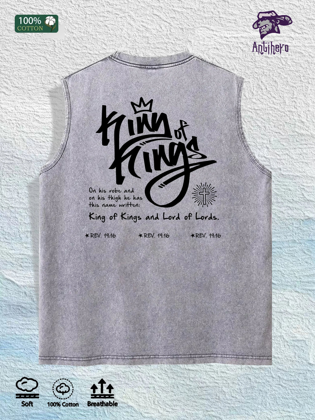 King of Kings Religious Graphic Washed Vest US Warehouse 3 Colors Cotton Tank