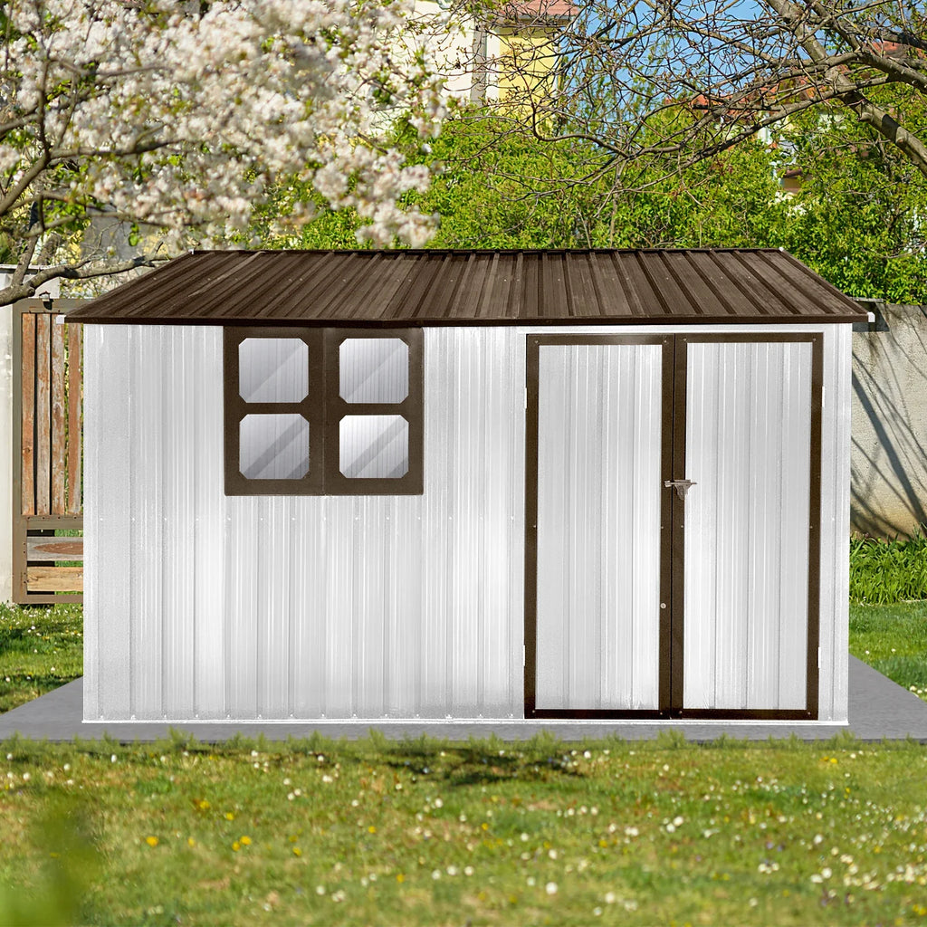 Outdoor Storage Sheds 10X8FT Apex Roof in Brown Roof+White Walls Without Foundation