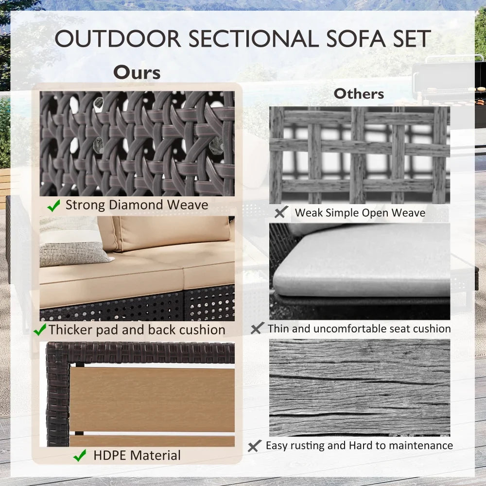 4 Pieces Diamond Weave Patio Sectional Furniture Set With Extendable Coffee Table with Ice Bucket for Backyard in Khaki+Brown