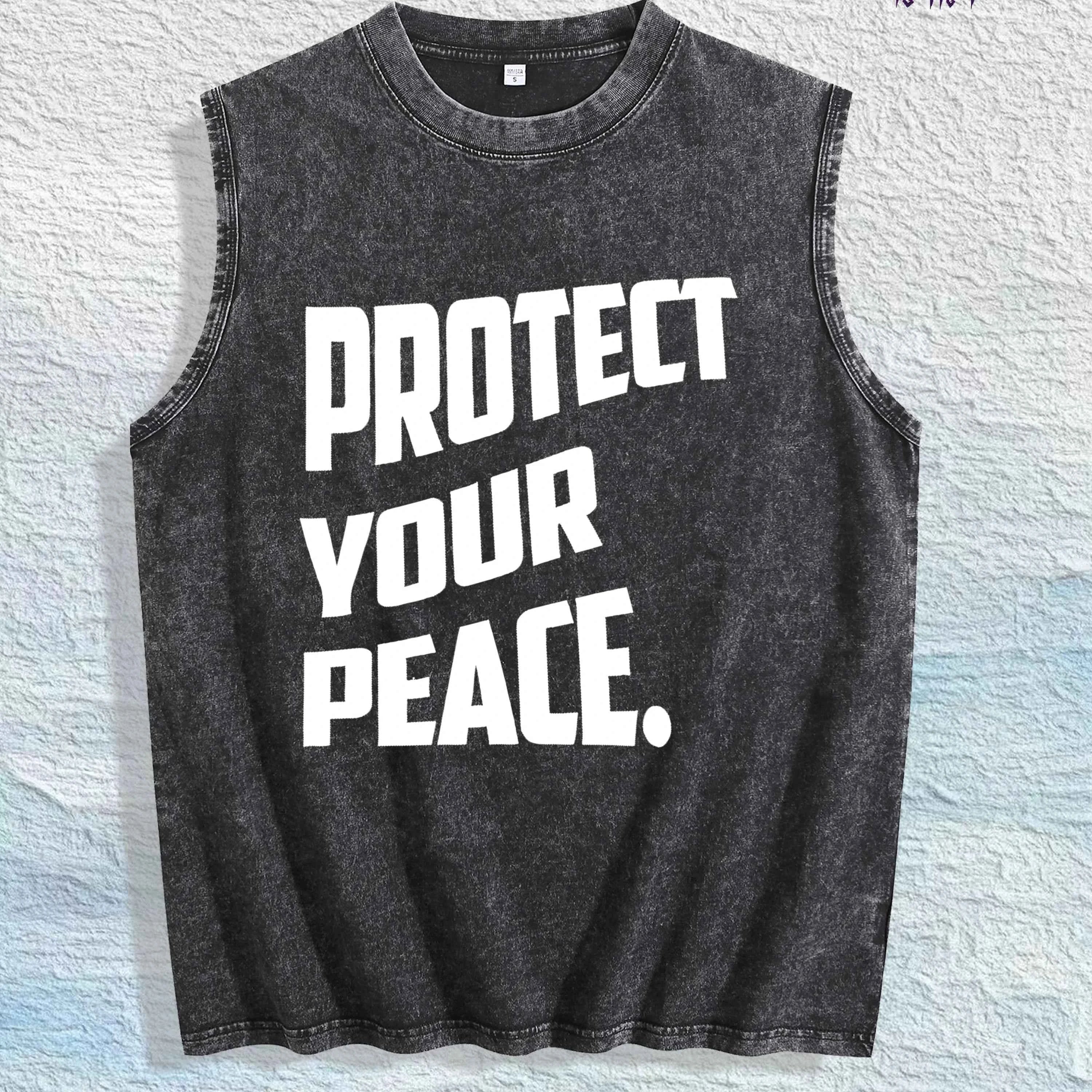 PROTECT YOUR PEACE Slogan Graphic Washed Vest US Warehouse 3 Colors Cotton Tank