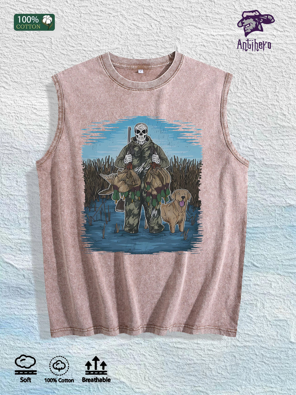 Hunting Skull & Dog Graphic Washed Vest US Warehouse 3 Colors Cotton Tank