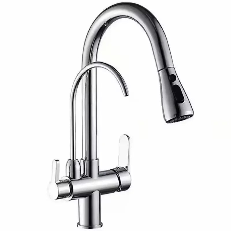 Dual Handle Black Pull-Down Kitchen Faucet with Purification Swivel Spout Single-Hole Tap for Convenient Drinking Water Mixer