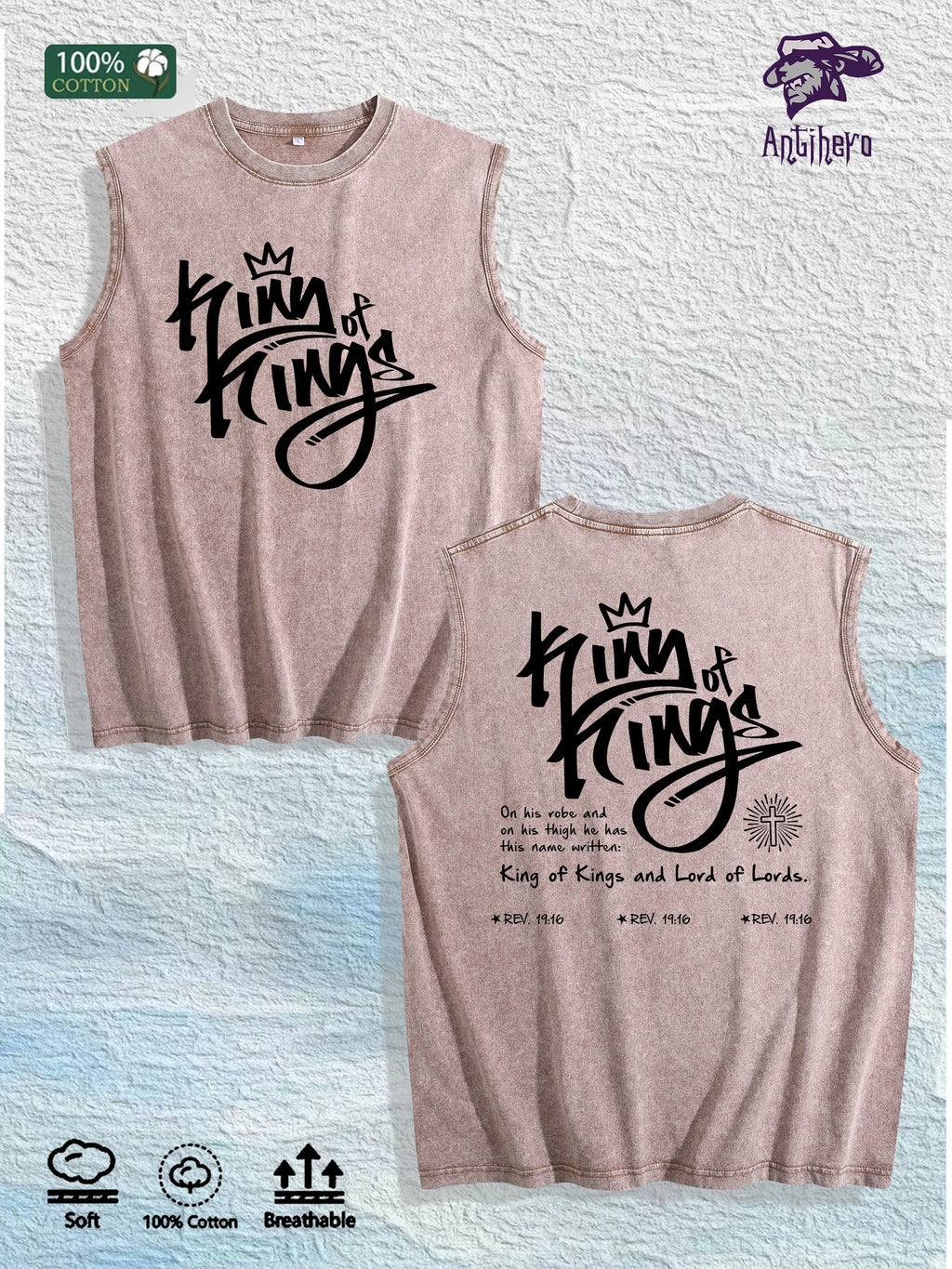 King of Kings Religious Graphic Washed Vest US Warehouse 3 Colors Cotton Tank