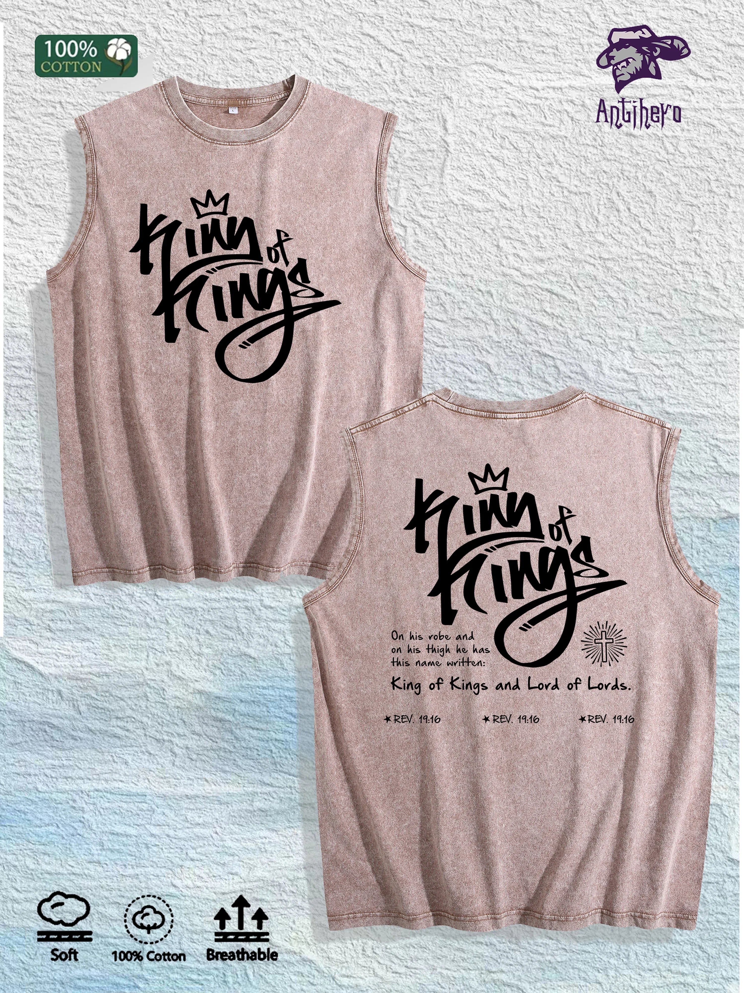 King of Kings Religious Graphic Washed Vest US Warehouse 3 Colors Cotton Tank