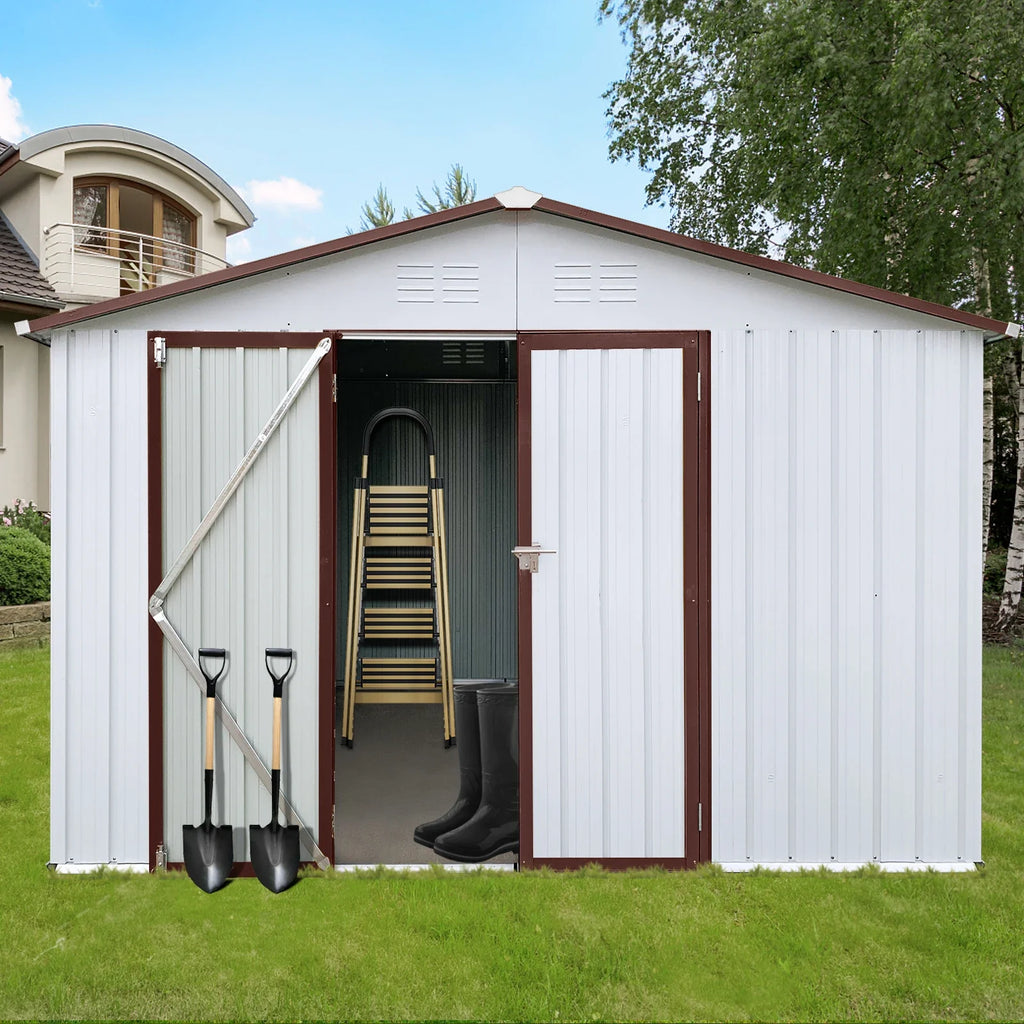 Outdoor Storage Sheds 10X12FT Apex Roof in Brown Roof+White Walls Without Foundation