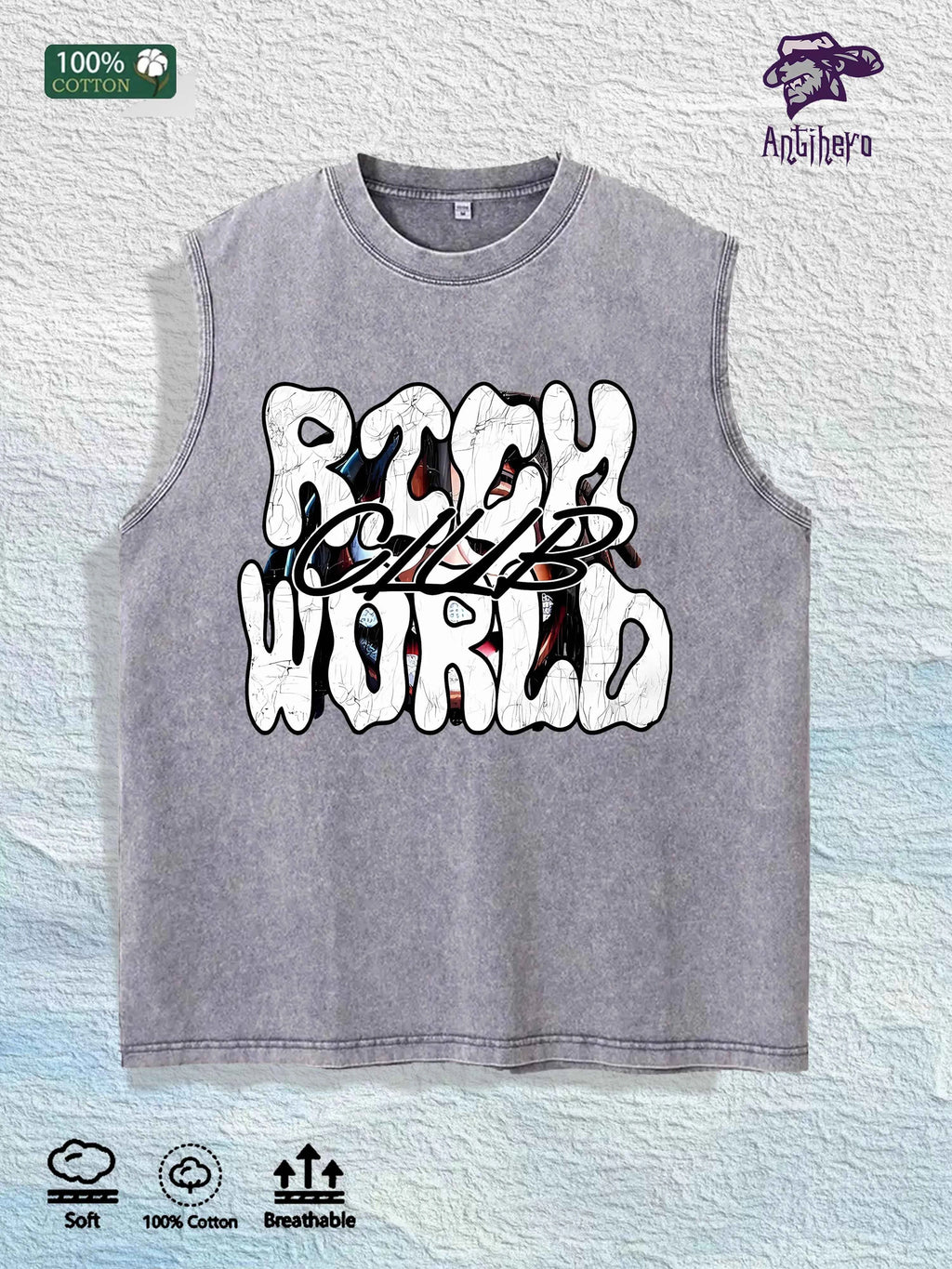 RICH WORLD CLUB Graphic Washed Vest US Warehouse 3 Colors Cotton Tank