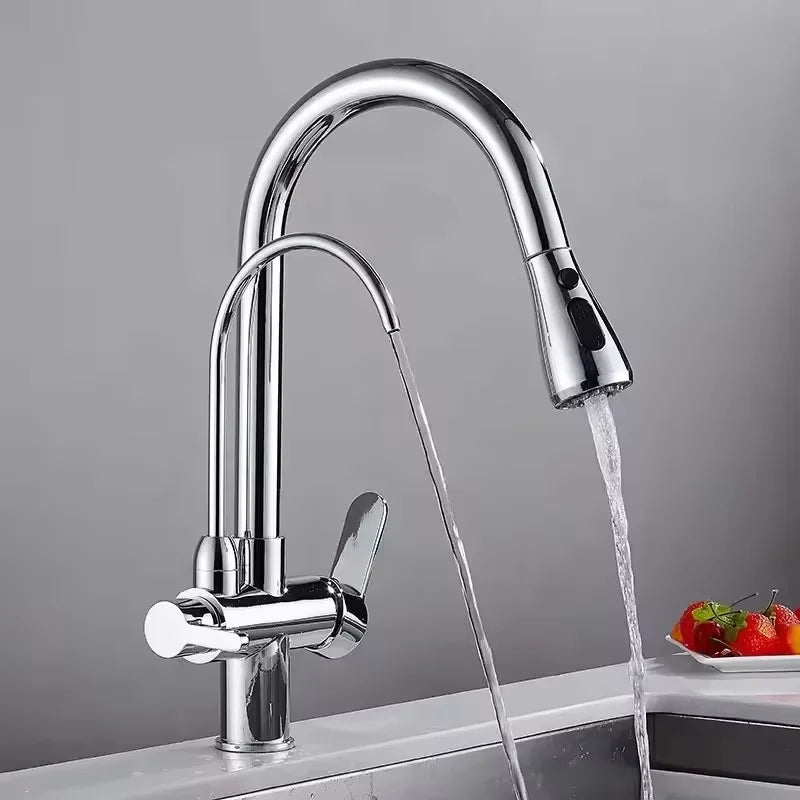 Dual Handle Black Pull-Down Kitchen Faucet with Purification Swivel Spout Single-Hole Tap for Convenient Drinking Water Mixer