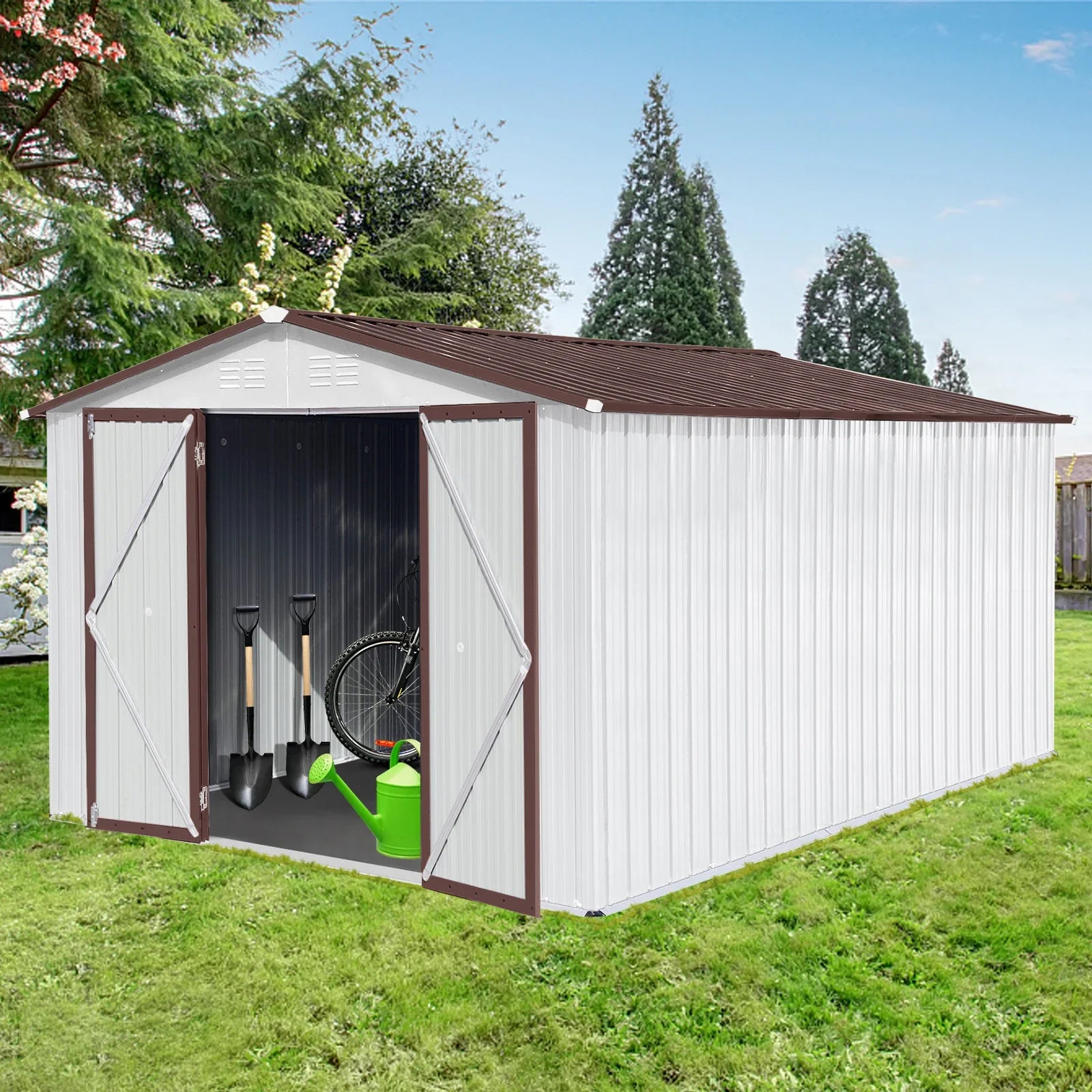 Outdoor Storage Sheds 10X12FT Apex Roof in Brown Roof+White Walls Without Foundation