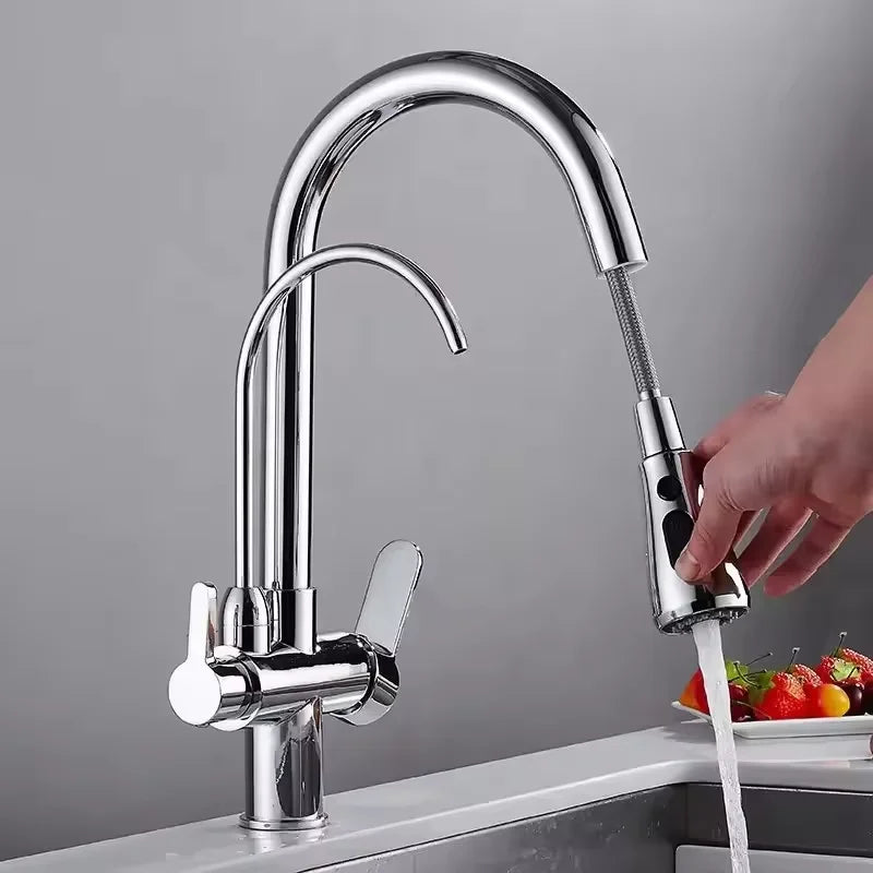 Dual Handle Black Pull-Down Kitchen Faucet with Purification Swivel Spout Single-Hole Tap for Convenient Drinking Water Mixer