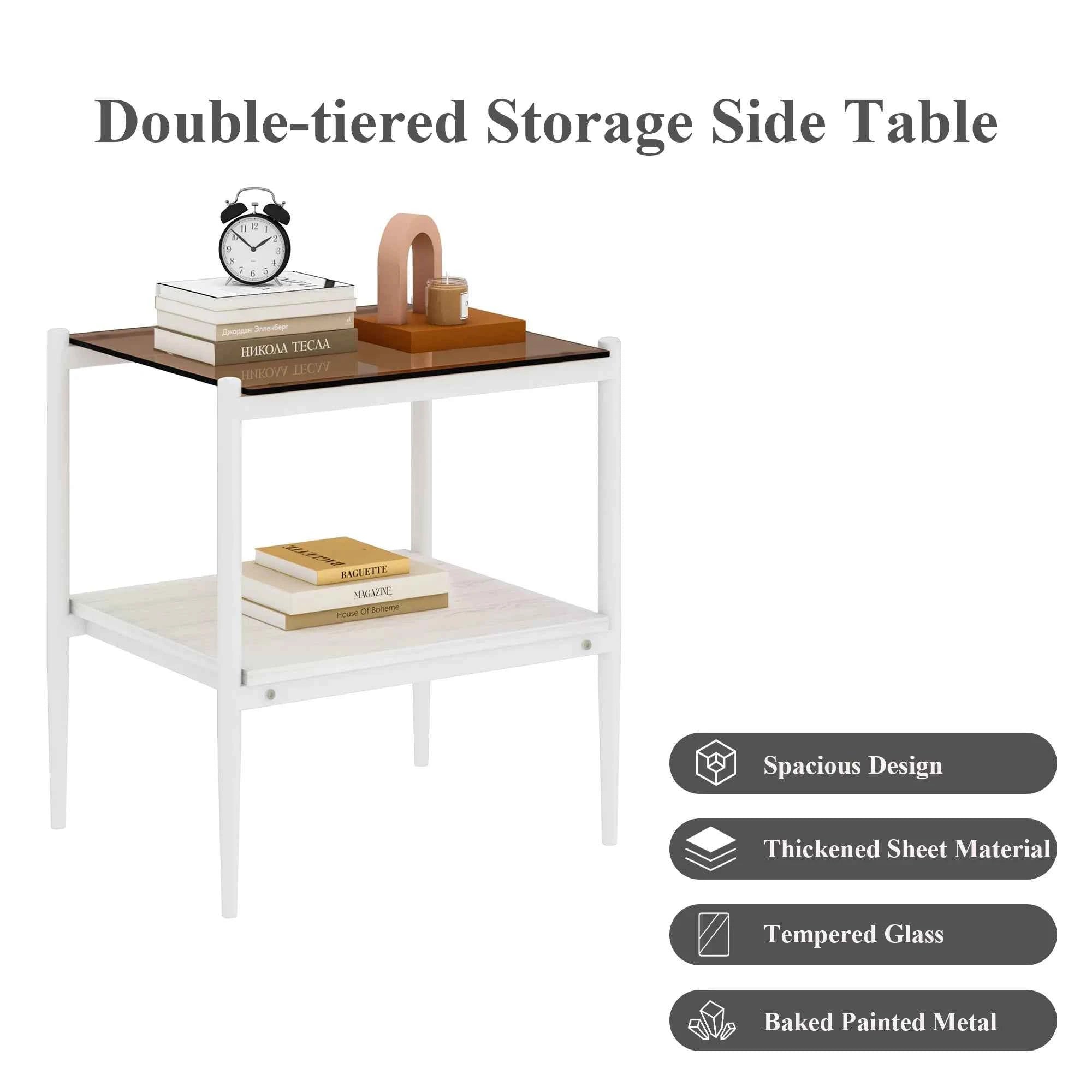 New Two White Side Tables Sets Tempered Glass Tabletop with MDF Layer for Living Room Furniture