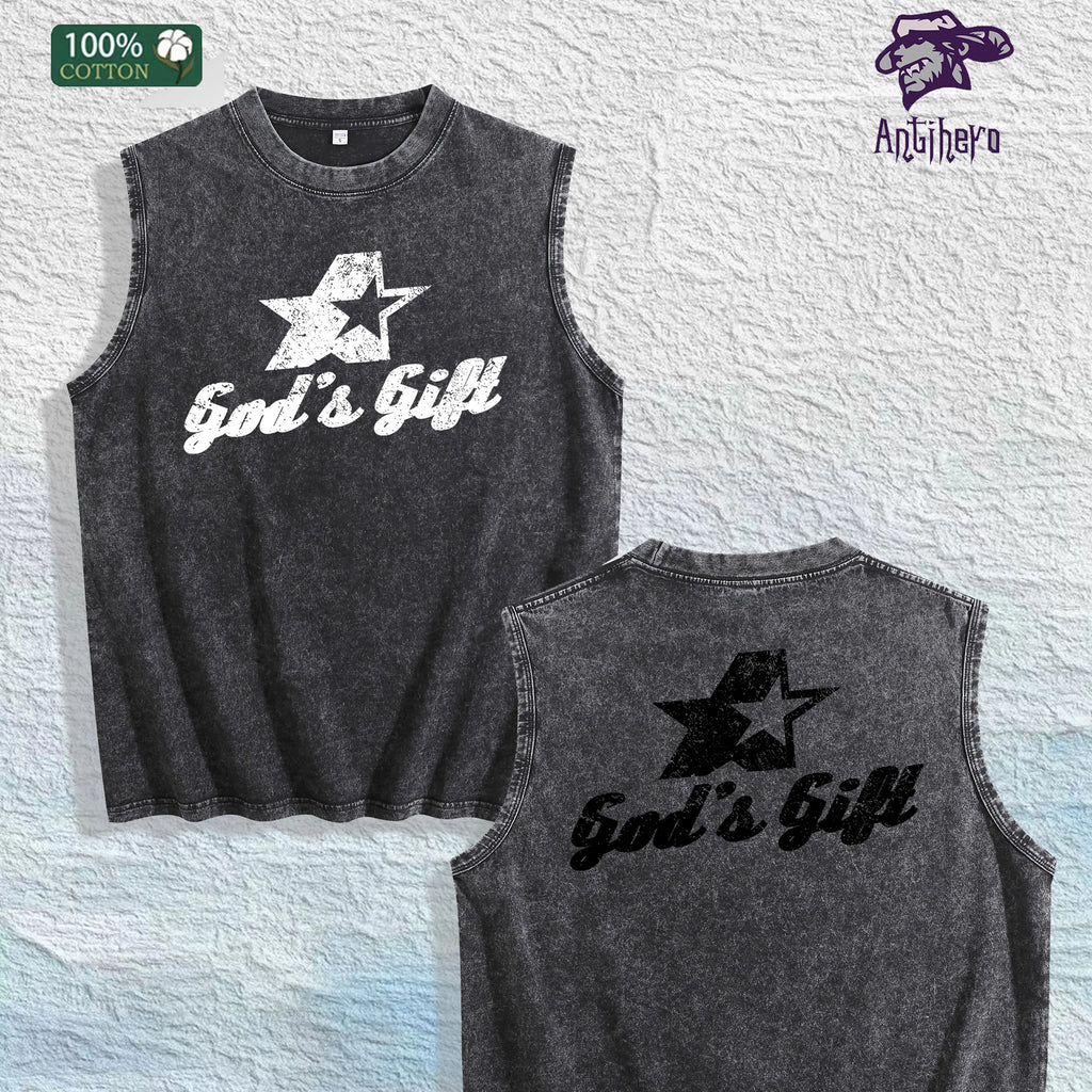 God s Gift Graphic Washed Vest US Warehouse 3 Colors Cotton Tank