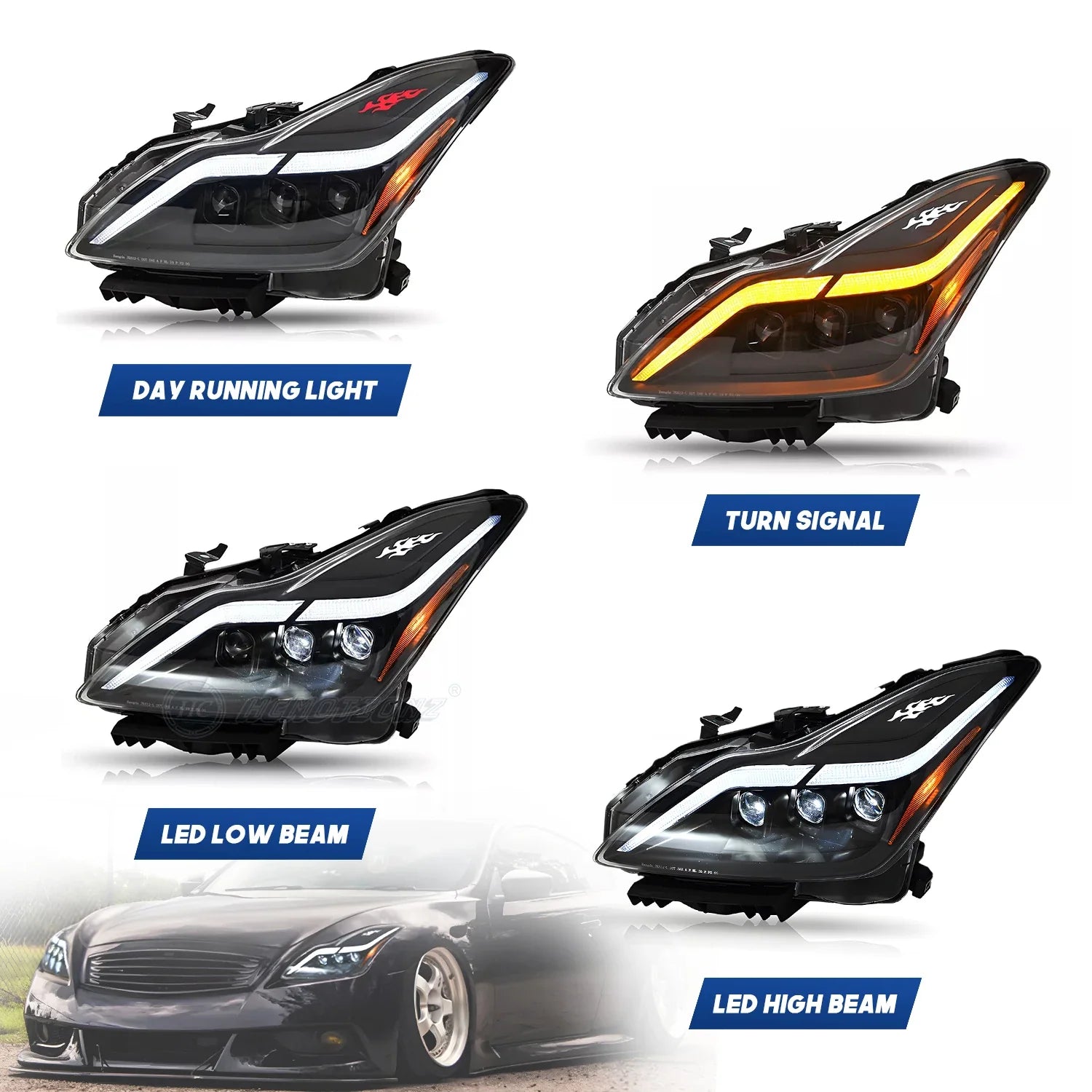 HCMOTIONZ LED Headlights for Infiniti G37 2008-2013 Start up Animation Q60 Coupe Convertible 2014-2015 Front Lamps Two Doors Car