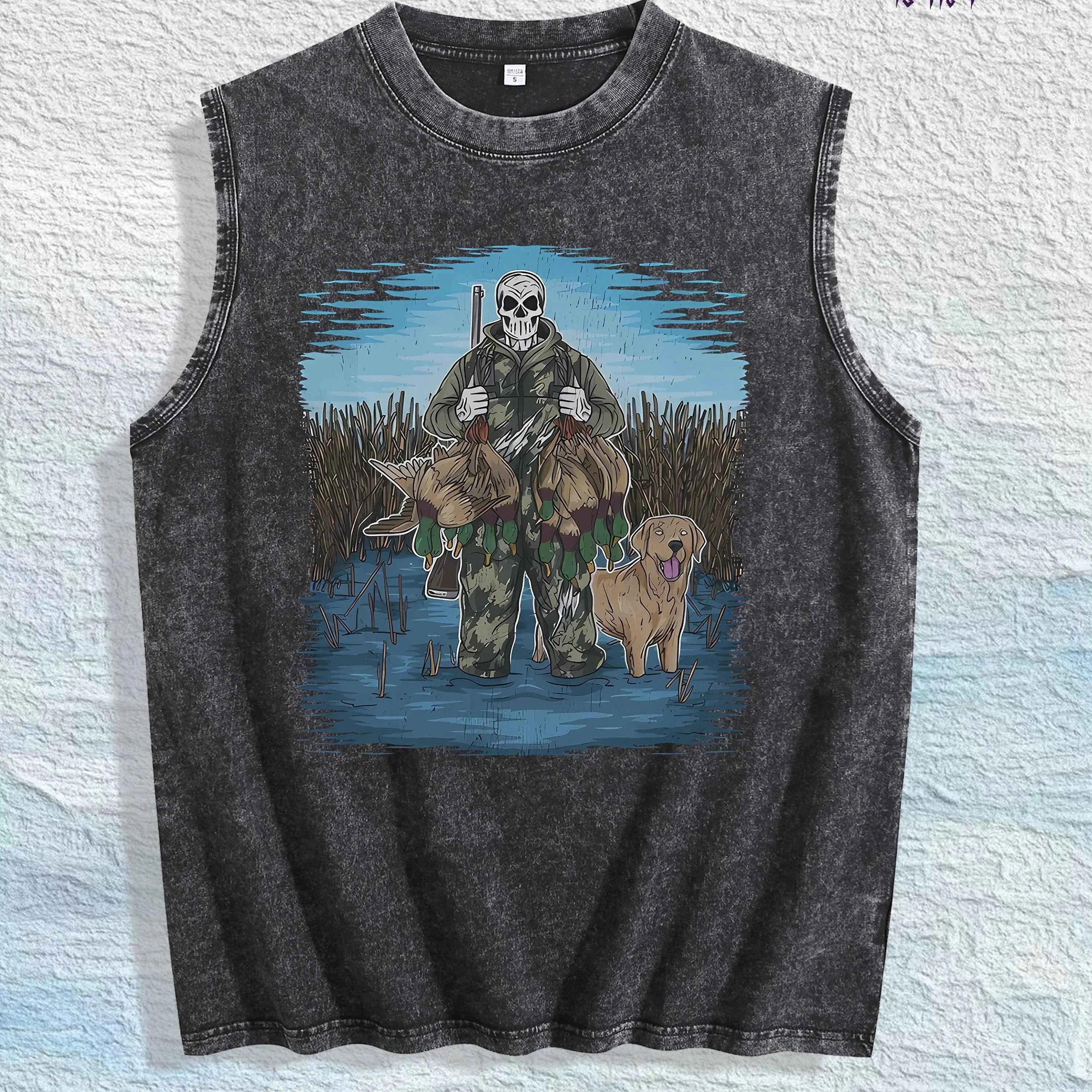 Hunting Skull & Dog Graphic Washed Vest US Warehouse 3 Colors Cotton Tank