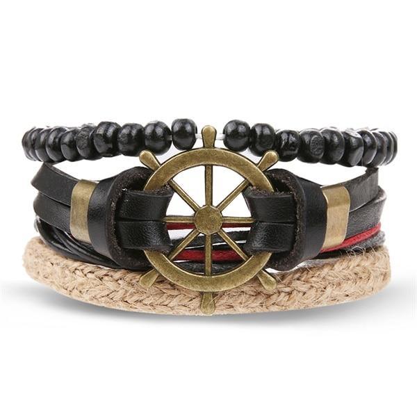 Vintage Black Bead Bracelets For Men Fashion Hollow Triangle Leather Bracelet & Bangles Multilayer Wide Wrap Jewelry For Men and Women