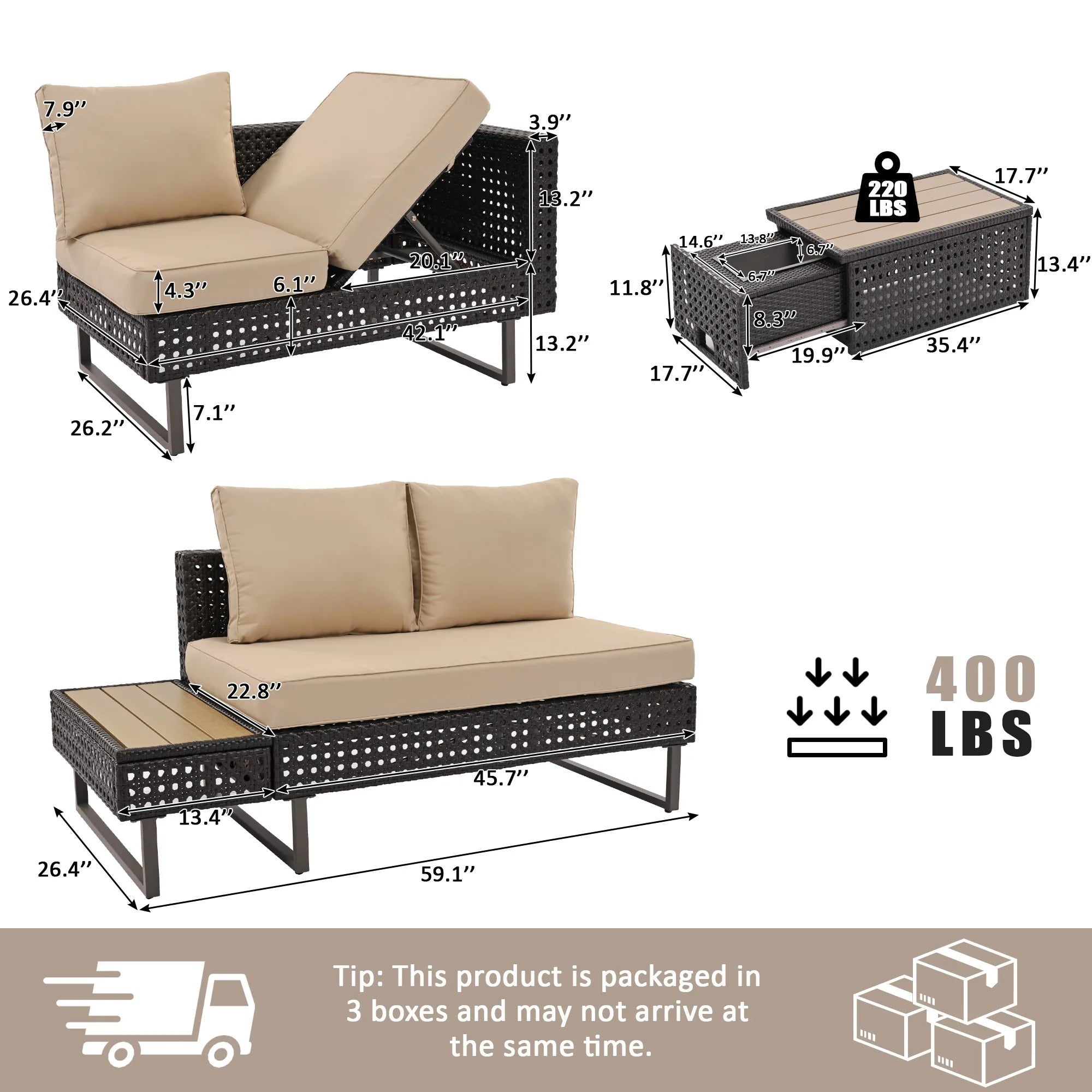4 Pieces Diamond Weave Patio Sectional Furniture Set With Extendable Coffee Table with Ice Bucket for Backyard in Khaki+Brown
