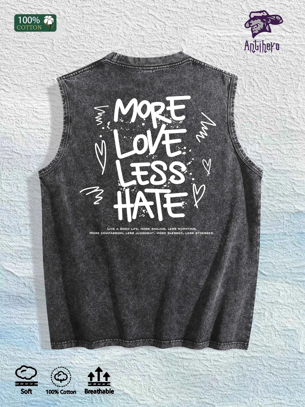 MORE LOVE LESS HATE Graphic Washed Vest US Warehouse 3 Colors Cotton Tank