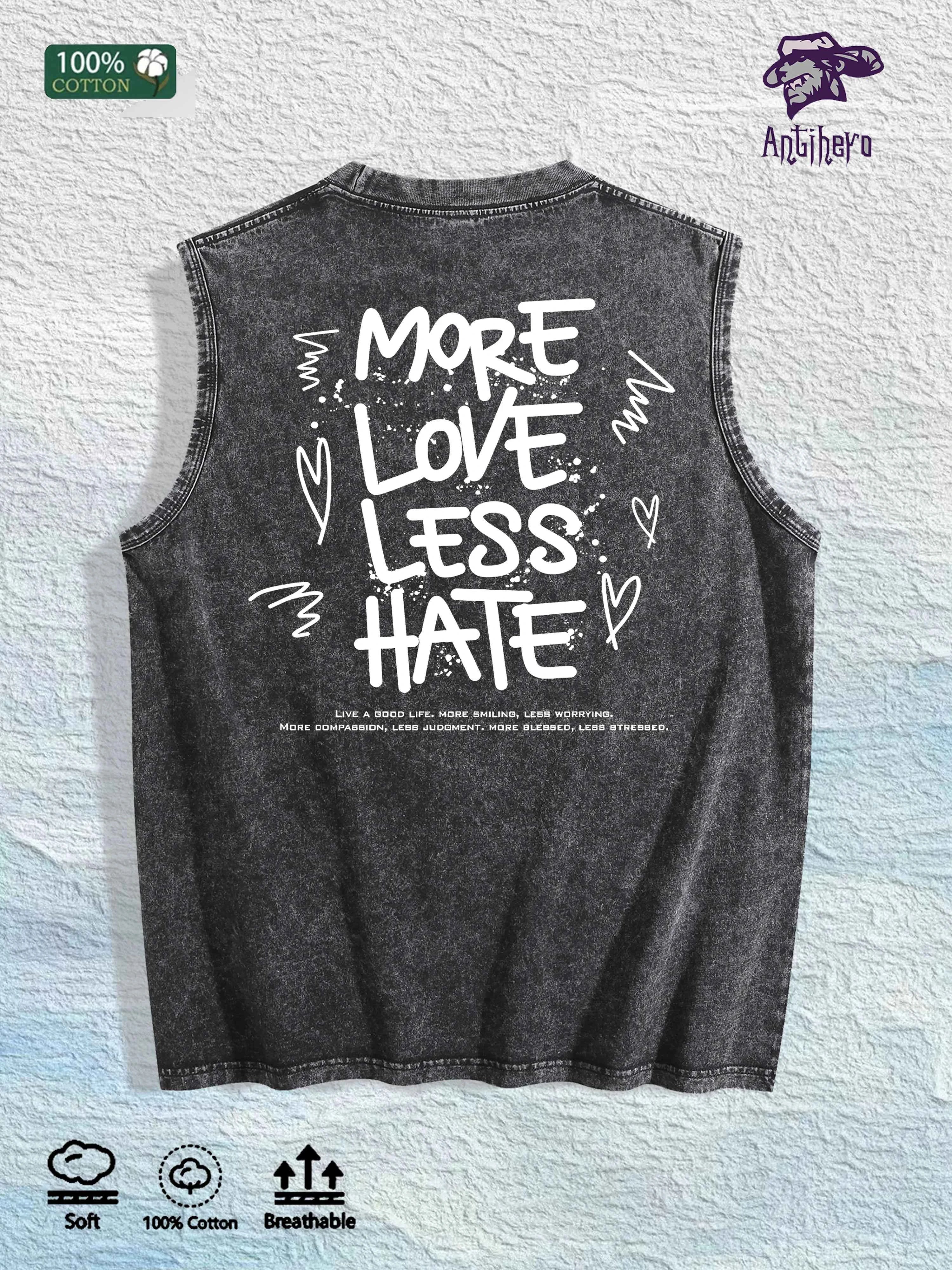 MORE LOVE LESS HATE Graphic Washed Vest US Warehouse 3 Colors Cotton Tank