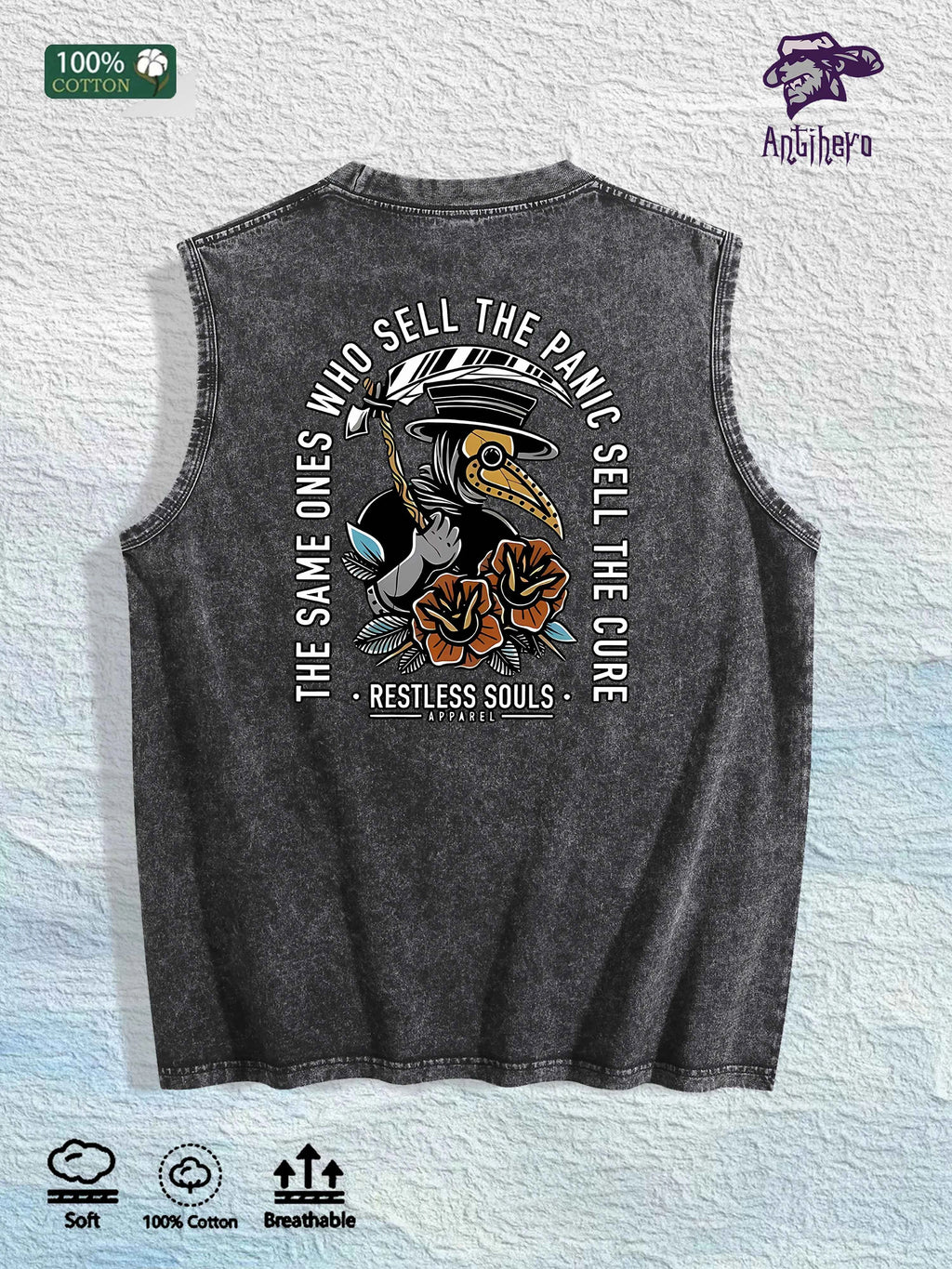 Restless Souls Graphic Washed Vest US Warehouse 3 Colors Cotton Tank
