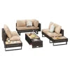 4 Pieces Diamond Weave Patio Sectional Furniture Set With Extendable Coffee Table with Ice Bucket for Backyard in Khaki+Brown