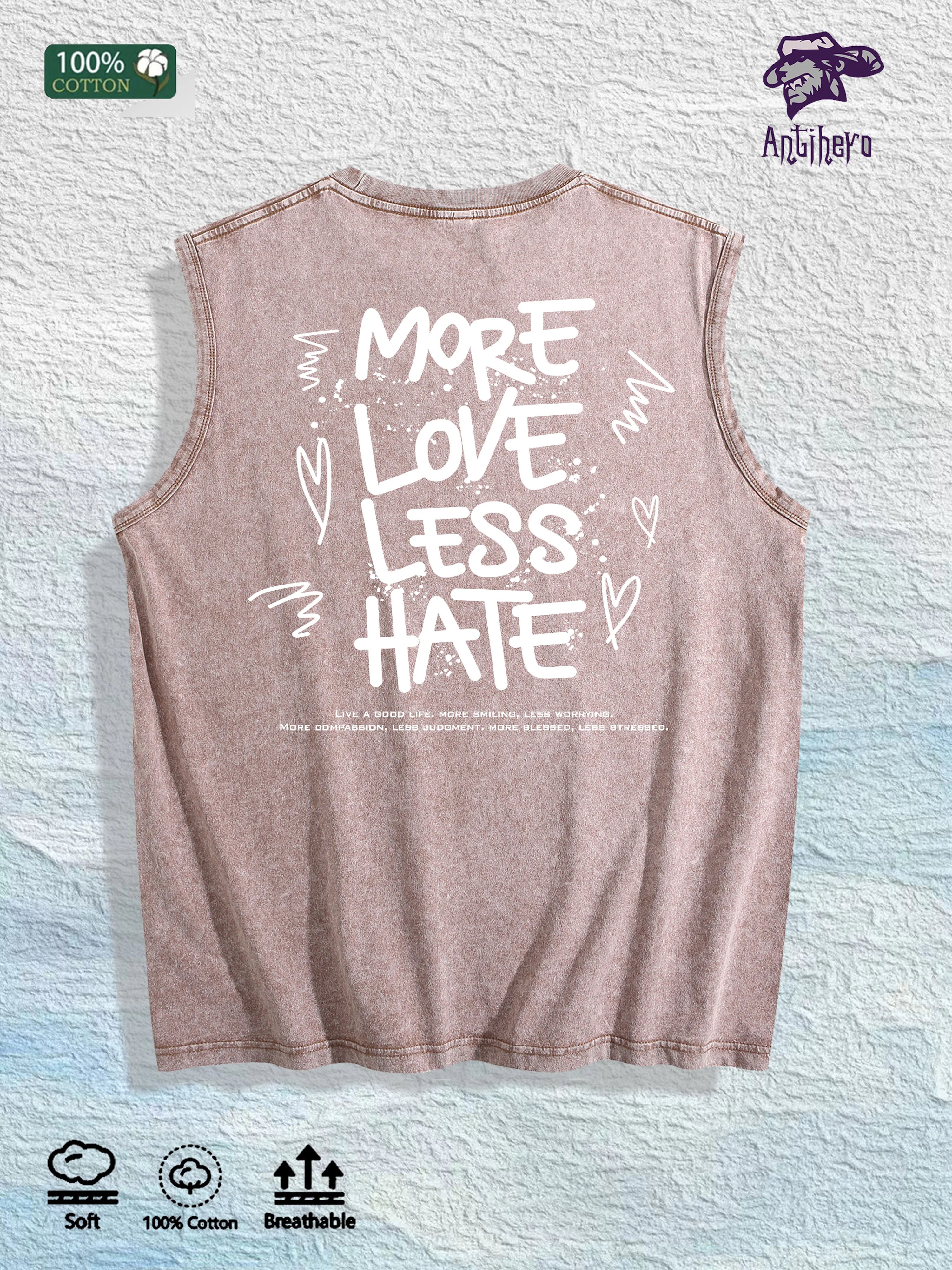 MORE LOVE LESS HATE Graphic Washed Vest US Warehouse 3 Colors Cotton Tank