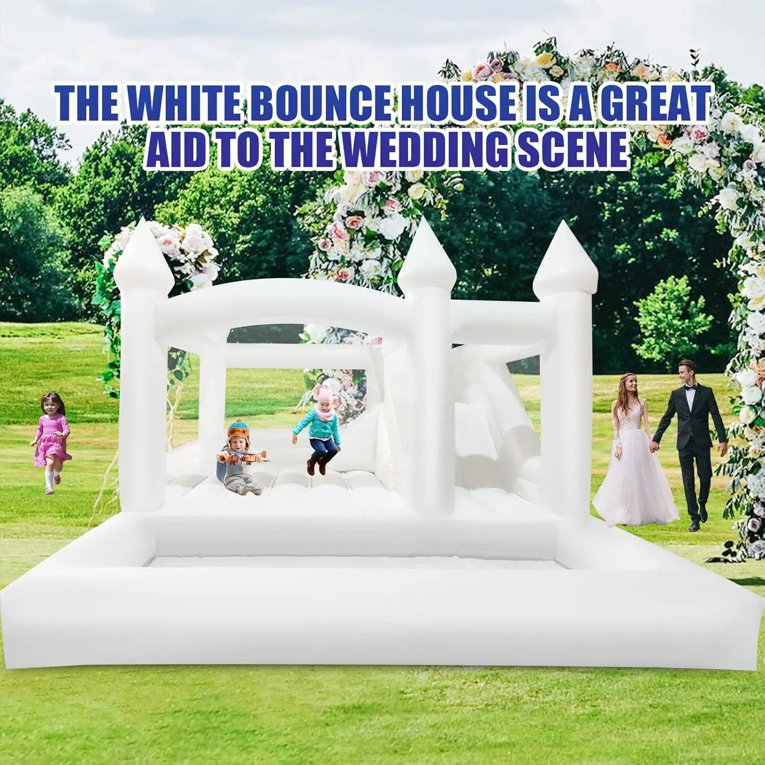 15x15FT 100% PVC White Inflatable Bounce House with Slide, Ball Pit for Kids and Adults Birthday Wedding Party