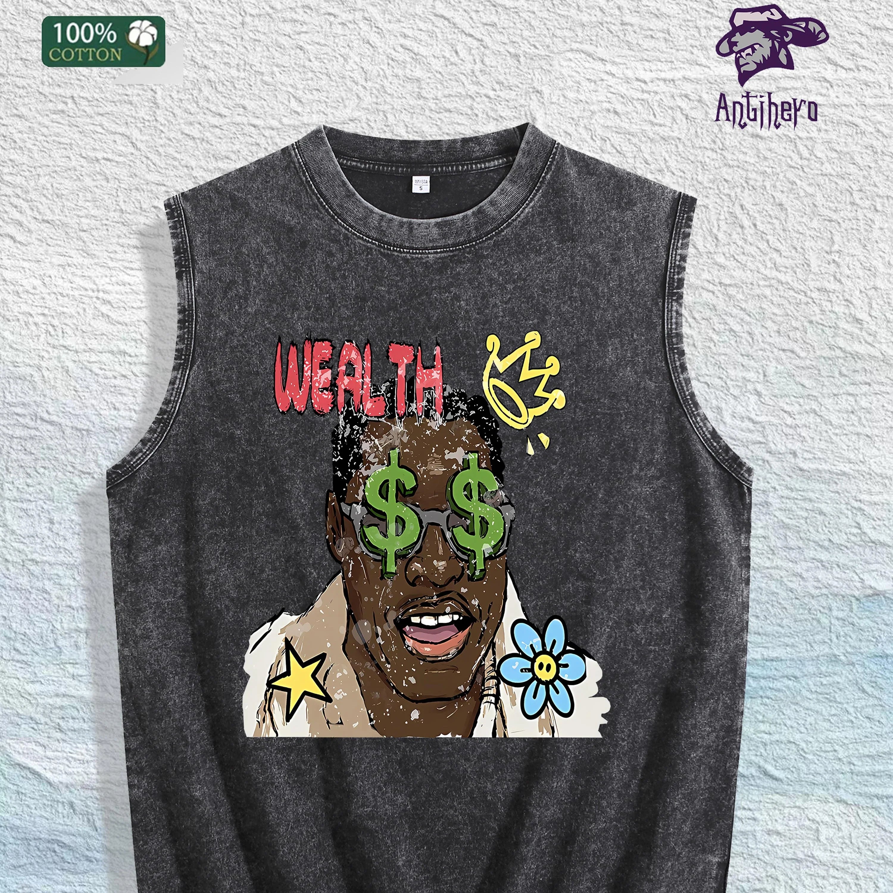 WEALTH Graphic Washed Vest US Warehouse 3 Colors Cotton Tank