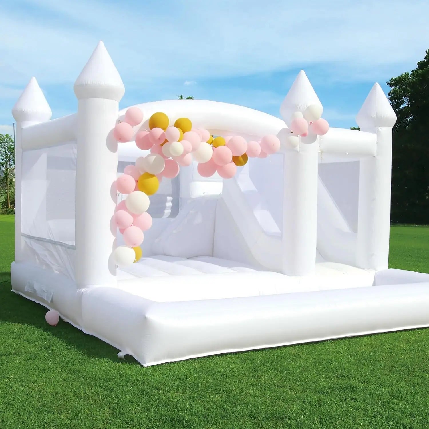 15x15FT 100% PVC White Inflatable Bounce House with Slide, Ball Pit for Kids and Adults Birthday Wedding Party