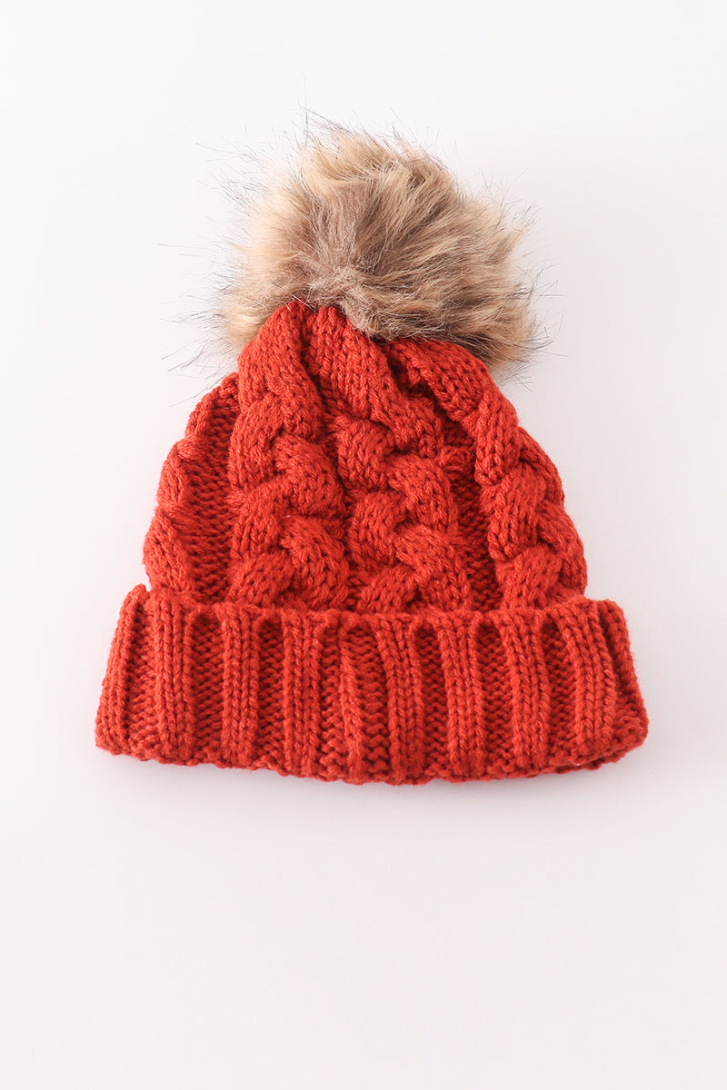 Caramel pompom  cable beanie hat