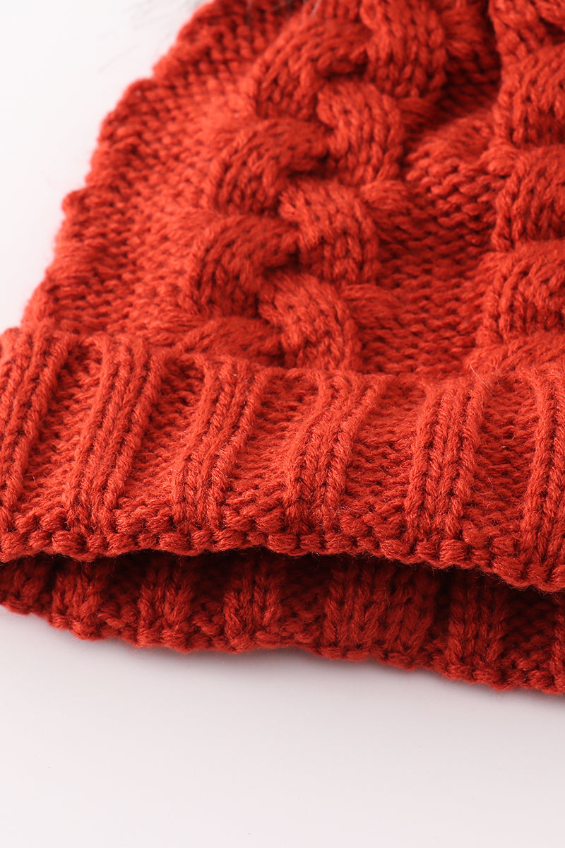 Caramel pompom  cable beanie hat